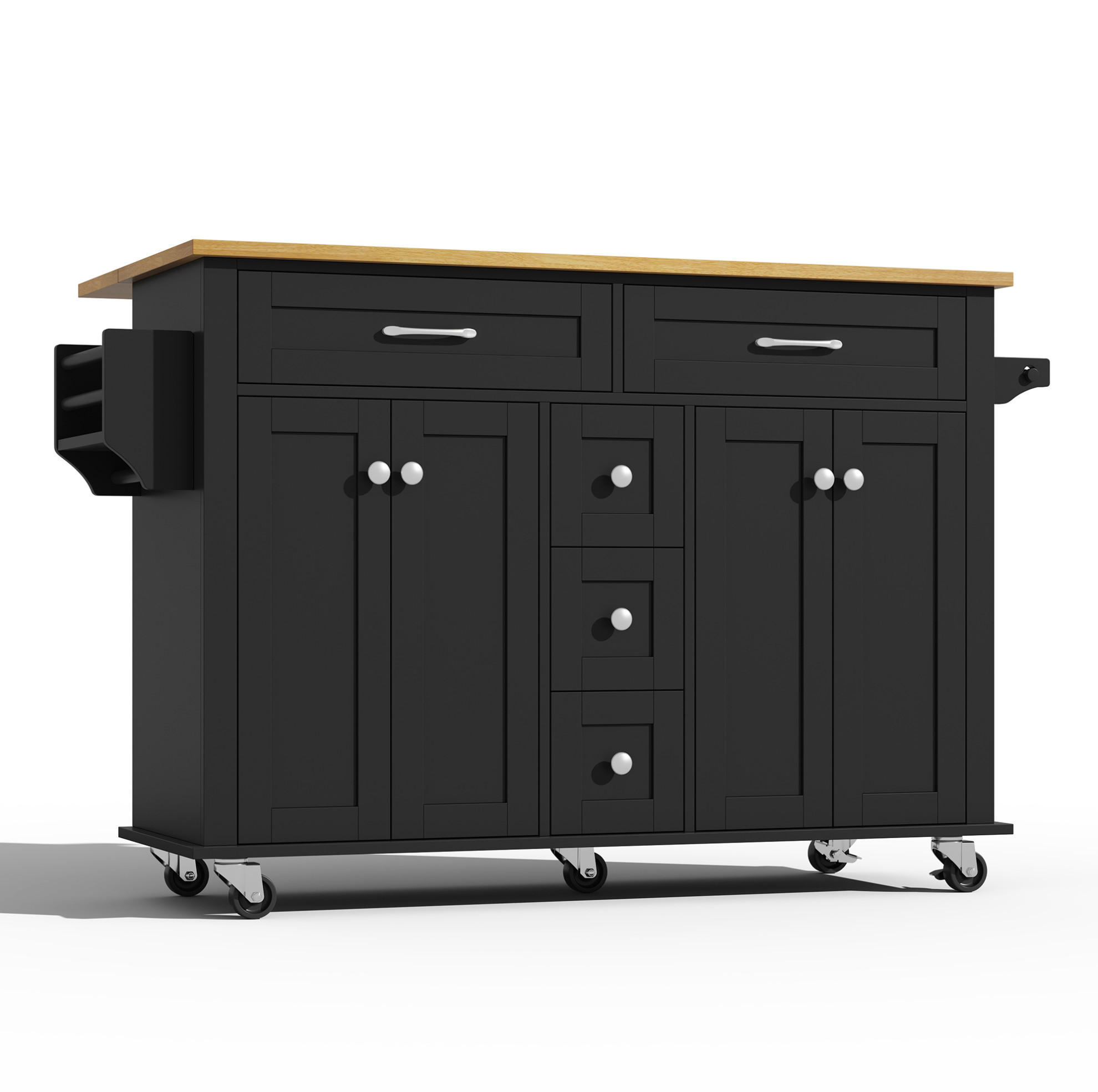 Modfu KUCHYŇSKÝ vozík z MDF 140x40(65)x89 cm černo-přírodní na kolečkách se sklopnou deskou, zásuvkami a skříňkami