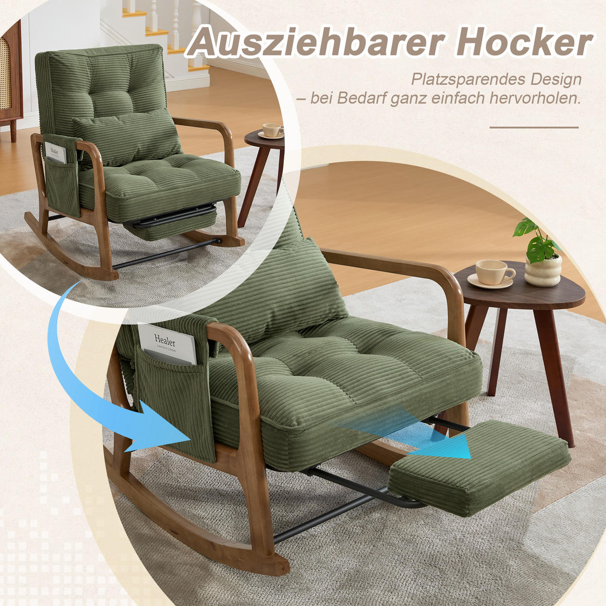 SCHAUKELSTUHL Relaxsessel mit Fußstütze,verstellbarer Rückenlehne,Cord,Grün - Grün, Textil (70/92/80cm) - LVHOM
