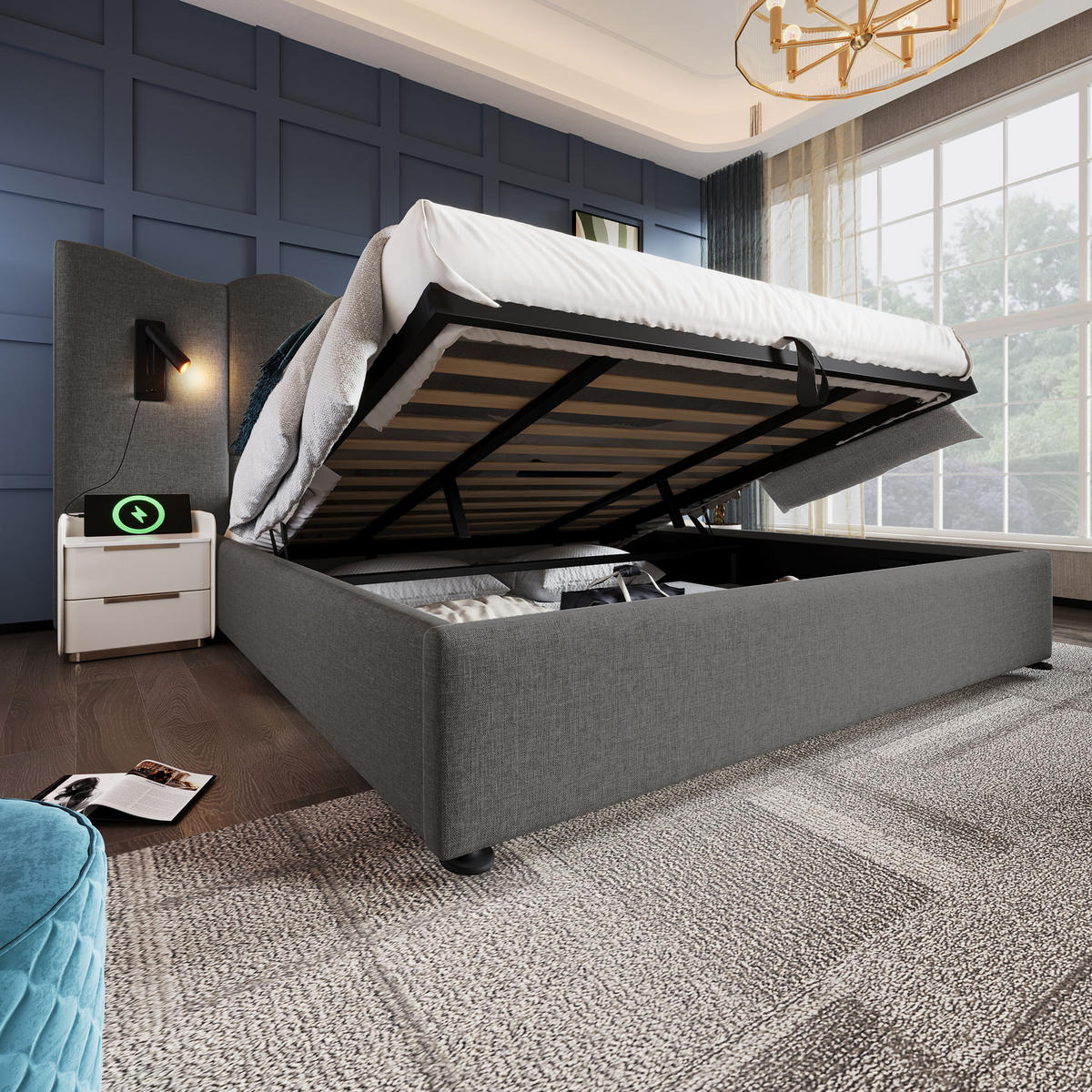 POLSTERBETT 180/200 cm Grau mit Leselampe und USB Type-C Anschlüssen - Grau, Textil (180/200cm) - OKWISH