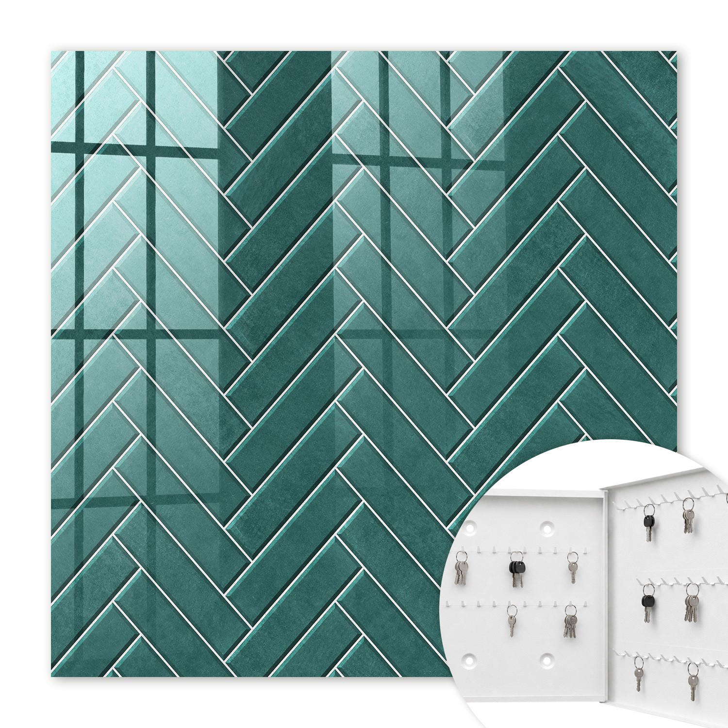 SCHLÜSSELBOX Weiß 30x30 cm – Türöffnung nach rechts - Türkisfarbenes Fischgrätmuster - Türkis, Metall (30/30/5cm) - TULUP