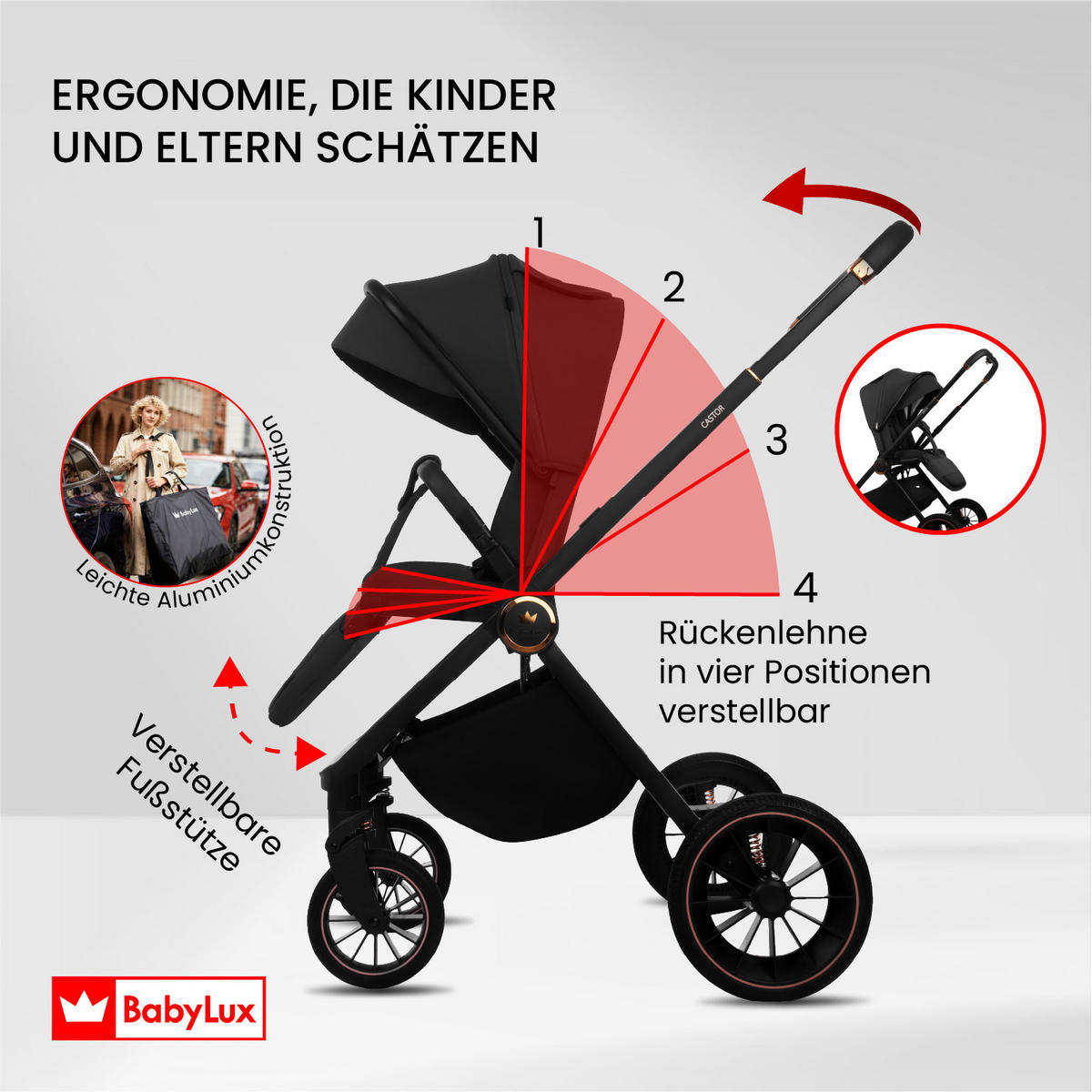 KINDERWAGEN Castor 4in1 Schwarz Babywanne, Reisebuggy, Autositz, Isofix Basis - Schwarz, Textil/Metall (58/98cm) - BabyLux