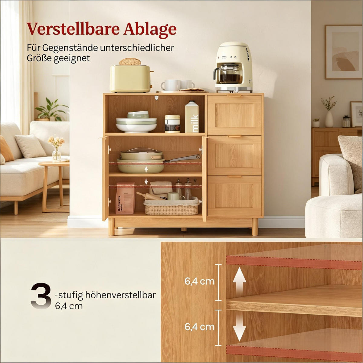 ANRICHTE Holzfarben 90/35/80 cm - Naturfarben, Holz (90/80/35cm) - PANGIVO