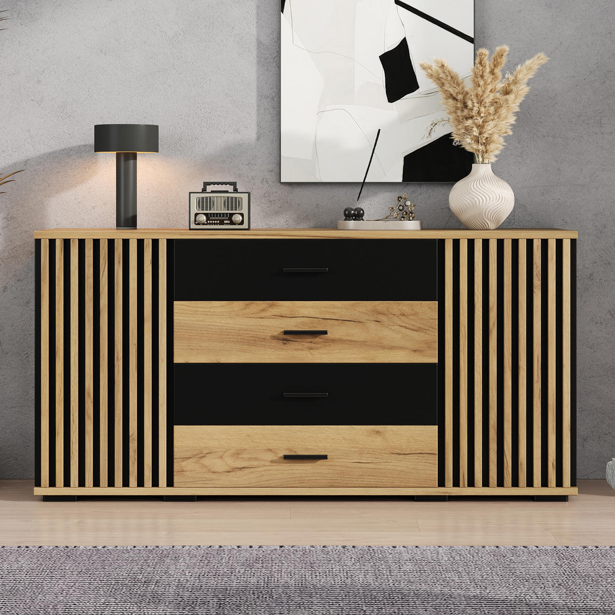 SIDEBOARD 140x35x70cm Eiche Schwarz mit 4 Schubladen - Schwarz, Holzwerkstoff (140/70/35cm) - FLIEKS