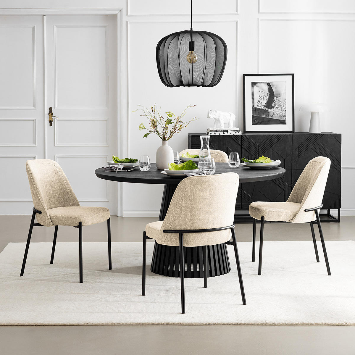 POLSTERSTUHL - Strukturstoff / Stahl, 2er-Set - Creme/Schwarz, Metall (57/85/52cm) - home24