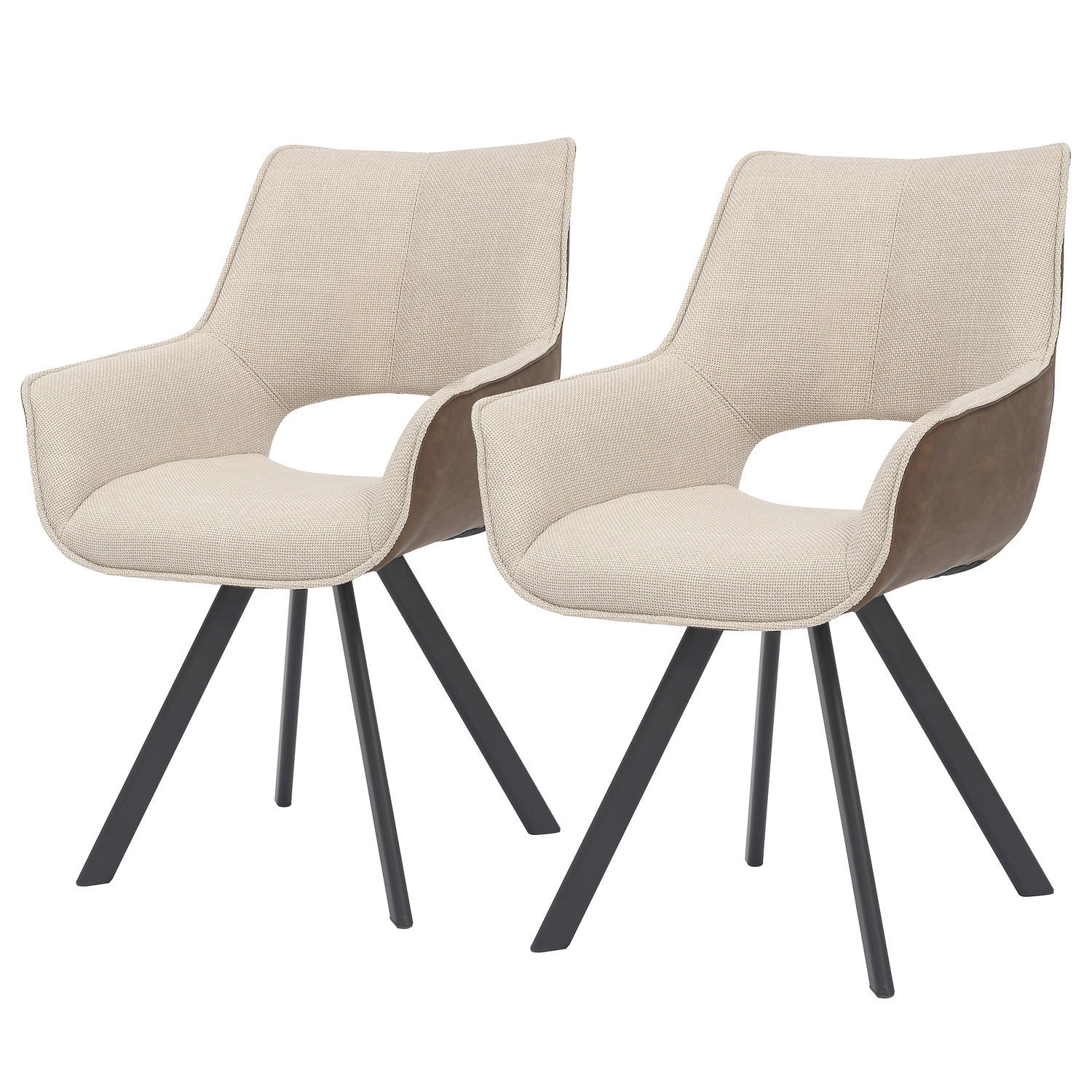 ARMLEHNENSTUHL - 2er-Set - Webstoff / Kunstleder - Beige/Schwarz, Textil/Metall (59/85/64cm) - home24