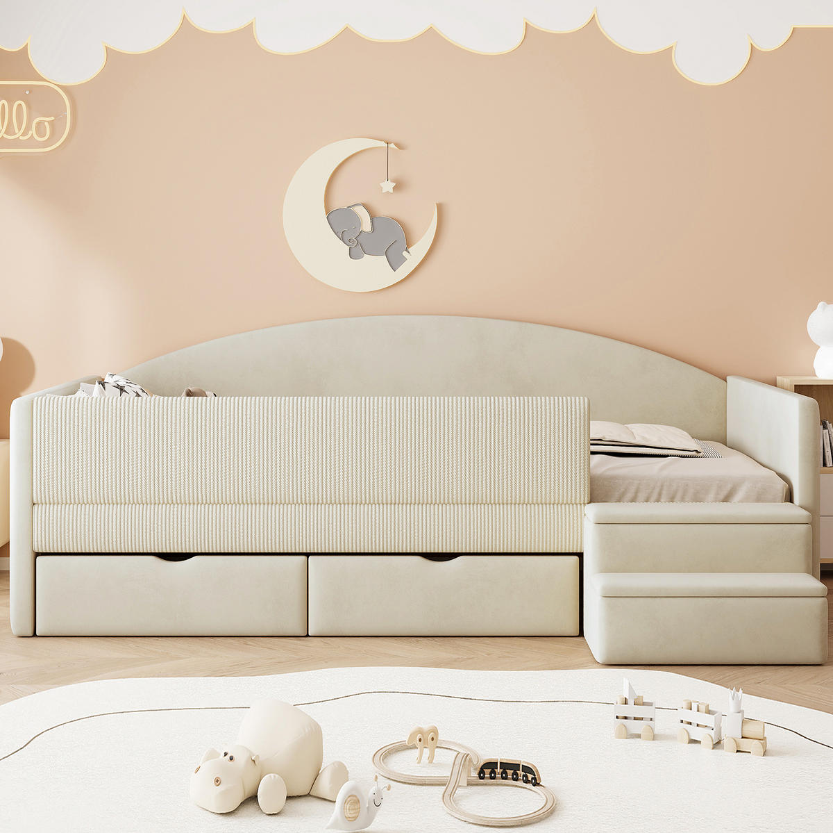 KINDER-POLSTERBETT 90/190 cm aus Samt mit 2 Schubladen und Schutzbügel Beige - Beige, Textil (90/190cm) - Modenvie