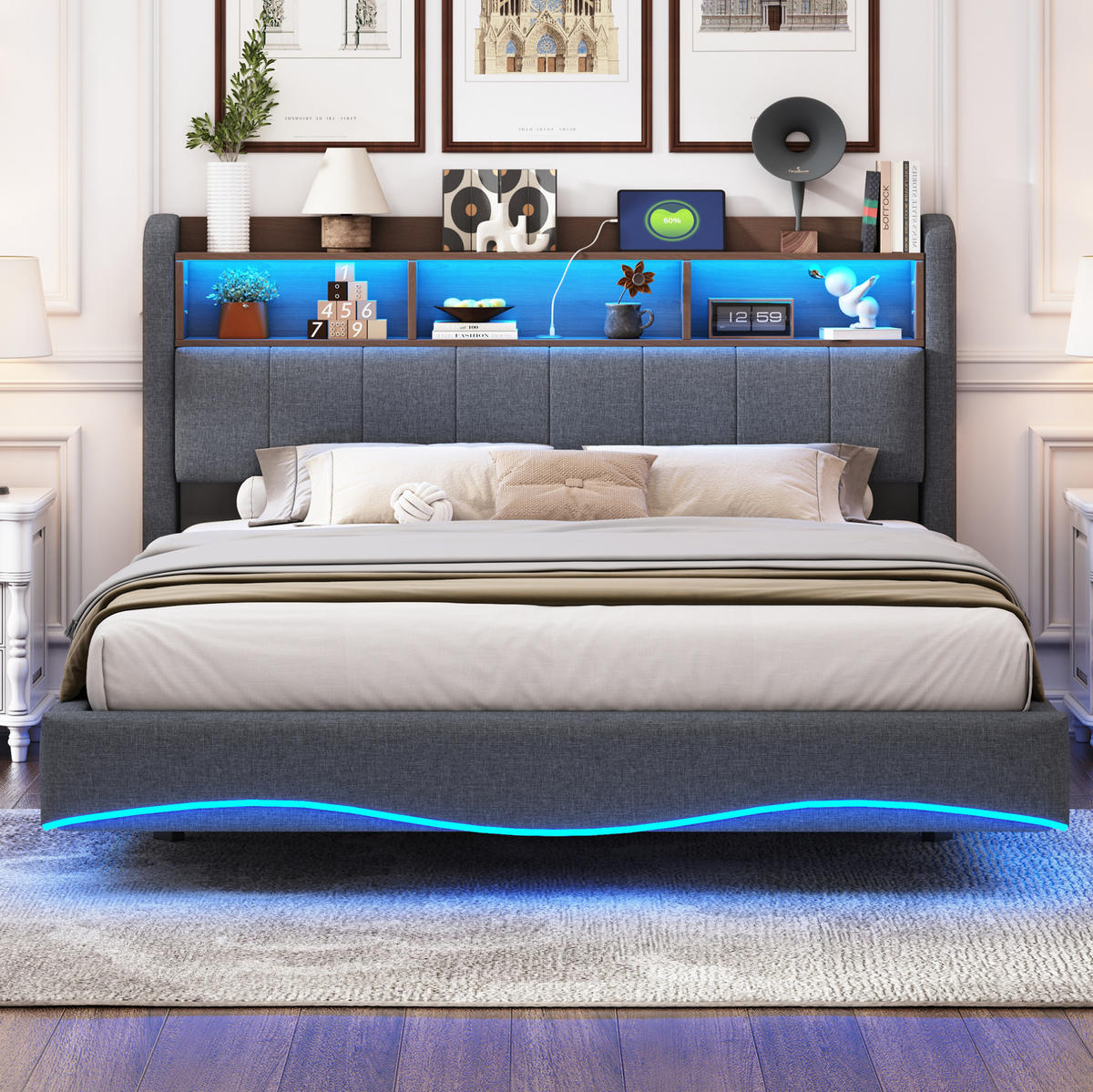 ČALÚNENÁ posteľ 160/200 cm s LED osvetlením, USB a Type-C portmi, úložným priestorom a kovovým rámom, Sivá - sivá, textil (160/200cm) - Redom