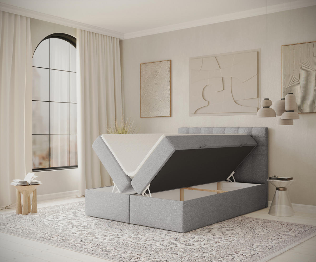 BOXBETT Sansa Grau 120/200 cm mit Taschenmatratze und Topper - Schwarz/Grau, Holz/Holzwerkstoff (120/200cm) - Maison de Reve