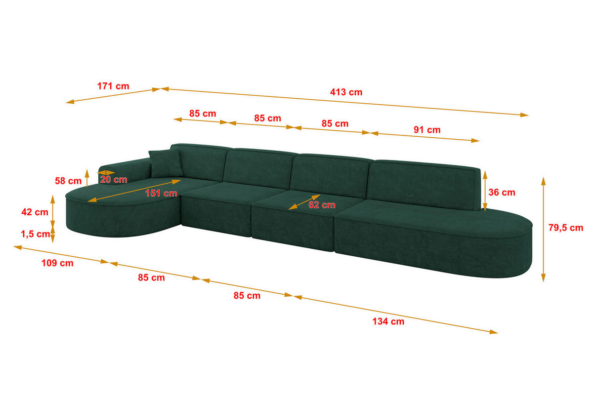 ECKSOFA Ottomane Links MARI-L3 - 413x171x79 cm Grün Velours - Schwarz/Grün, Holzwerkstoff/Kunststoff (413/171cm) - ALTDECOR