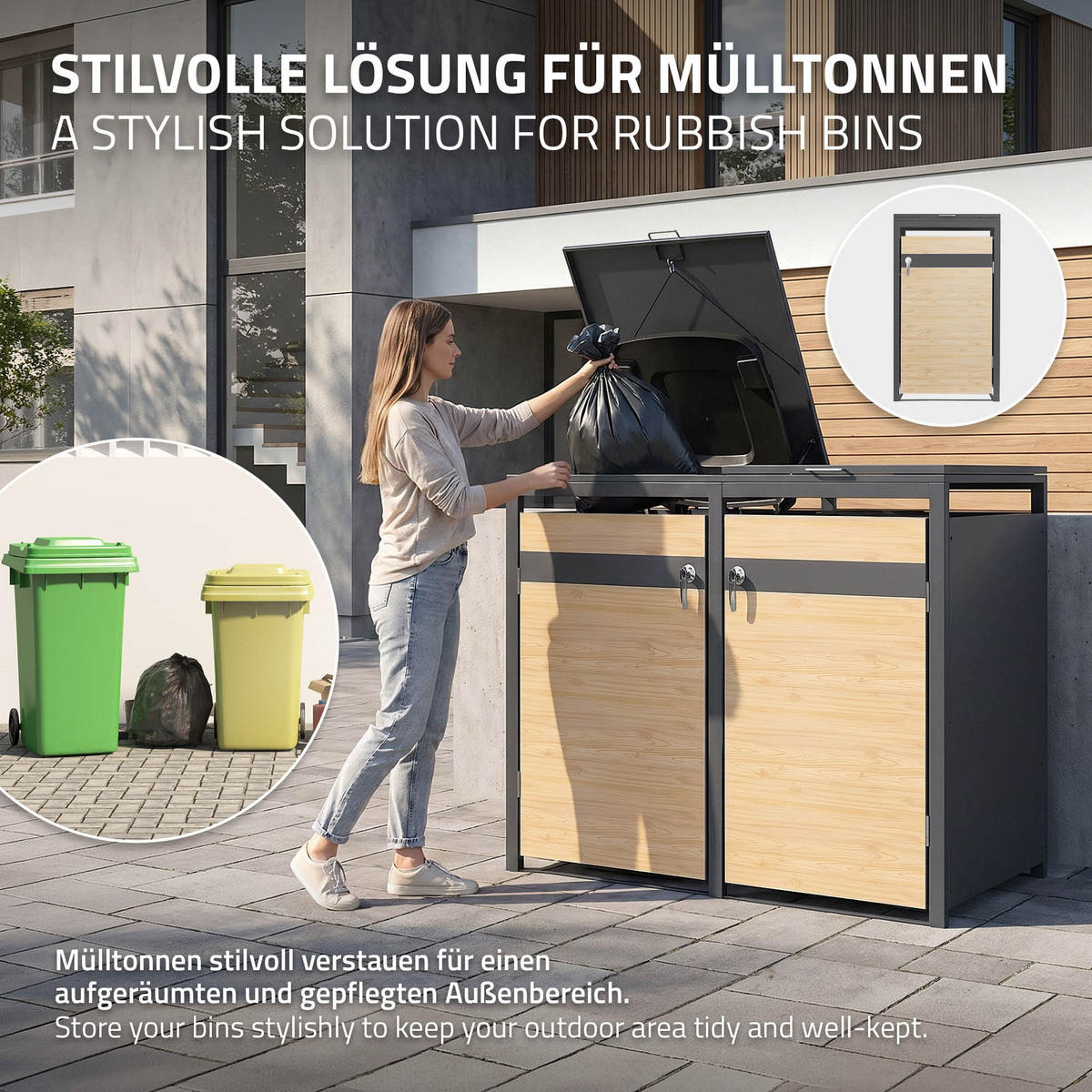 MÜLLTONNENBOX 3er Anthrazit-Lärchenoptik - Hellbraun, Metall (200/120/80cm) - ML-DESIGN