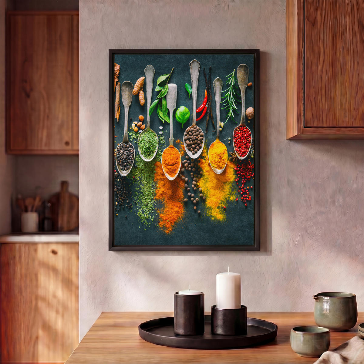 LEINWAND Bilder mit Rahmen - Kräuter - Gewürze - Löffel - 30x40 - Currygelb, Textil (30/40cm) - MuchoWow