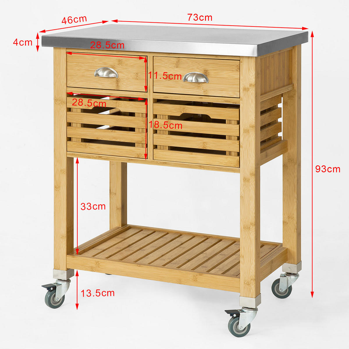 KÜCHENWAGEN Bambus Edelstahl - Naturfarben, Holzwerkstoff (73/93/46cm) - SoBuy