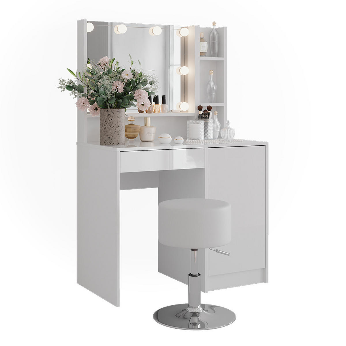 SCHMINKTISCH Sherry Weiß/Weiß Hochglanz 89.8 cm 5 Teile - Weiß Hochglanz, Holzwerkstoff (89.8/76/50.1cm) - Vicco