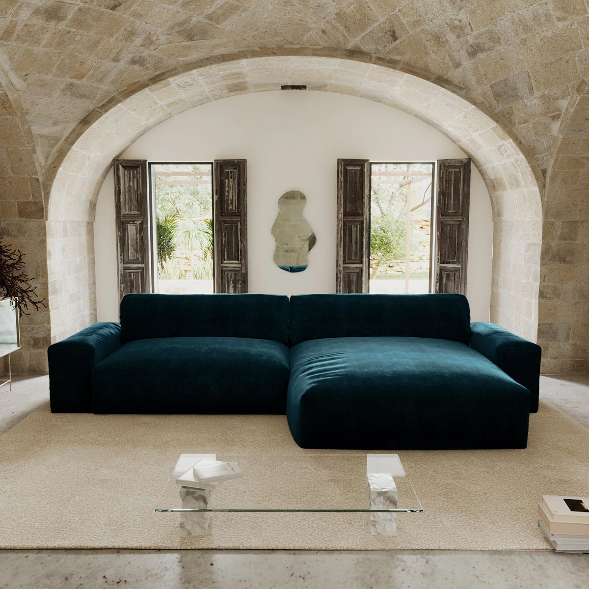 ECKSOFA RECHTS Samt Pfauenblau 310cm - Blau/Hellblau, Textil (310/174cm) - Sia Home