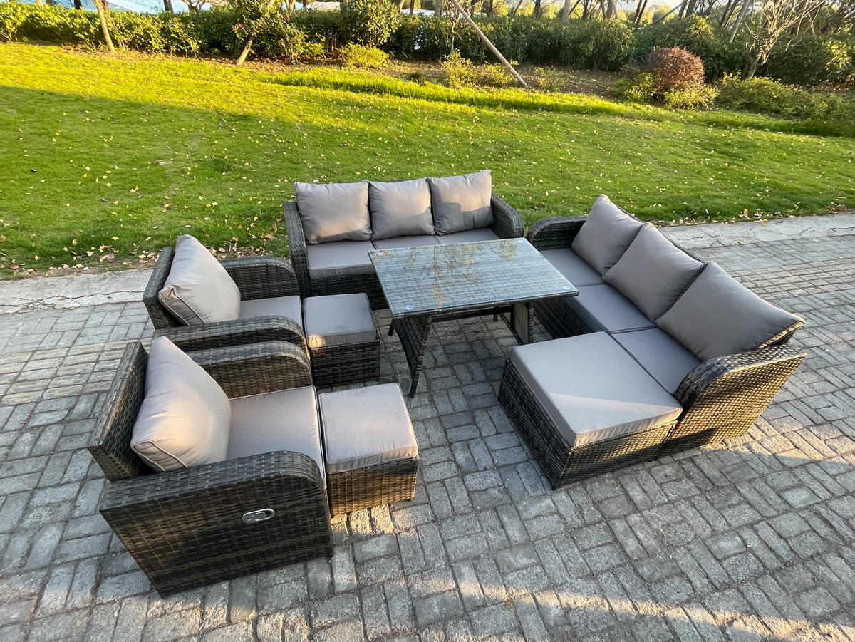 GARTENSET Hohe Rückenlehne Polyrattan 11-Sitzer - Dunkelgrau/Grau, Glas/Kunststoff - Fimous