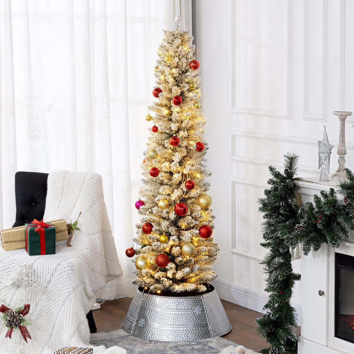KÜNSTLICHER Weihnachtsbaum, 180 cm Christbaum mit 150 LED-Lichten flammhemmend - Weiß/Grün, Kunststoff/Metall (180cm) - HOMCOM