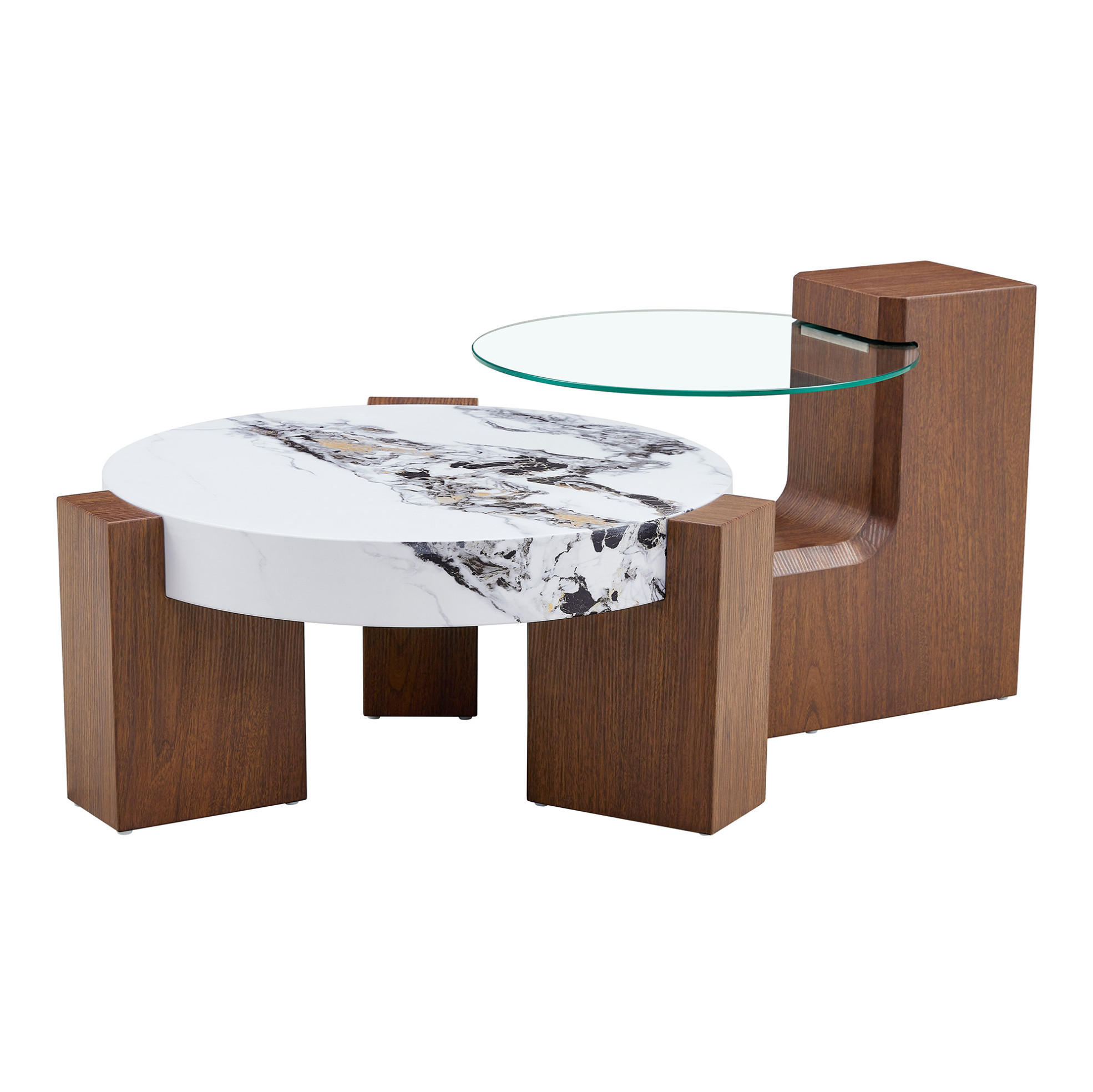 COUCHTISCH rund 61/44 cm in Nussbaumoptik/Weiß aus MDF und Sicherheitsglas mit Stauraum - Nussbaumfarben, Holzwerkstoff (61/61/30cm) - OKMYHOME