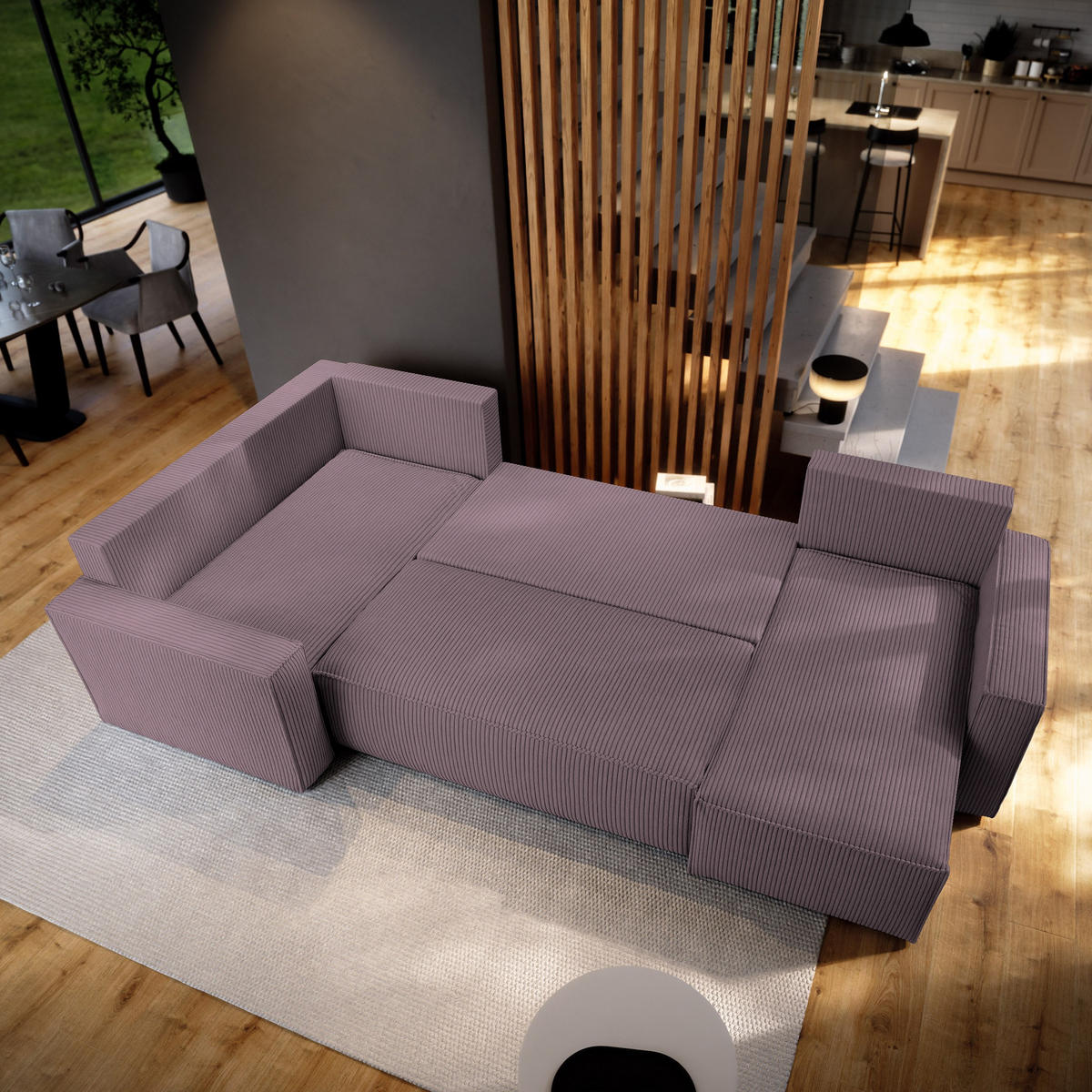 WOHNLANDSCHAFT NORENA L-S Lila Kordstoff mit Schlaffunktion - Lila, Holz (295/85/157.5cm) - MASSENO