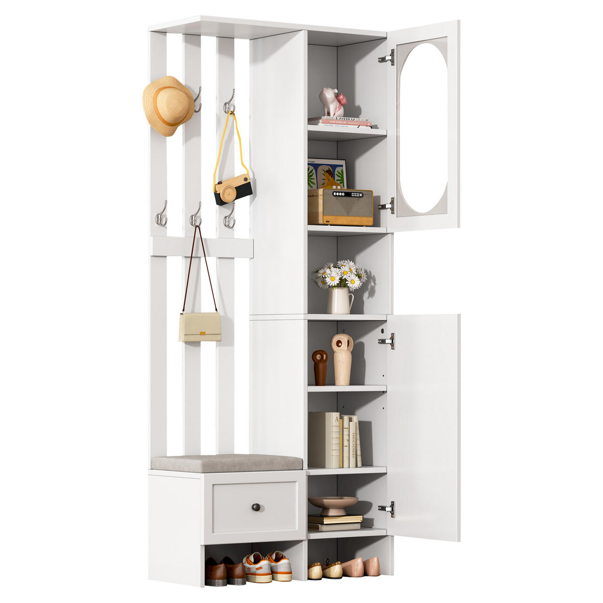 DIELENGARDEROBE 85/33,5/200 cm in Weiß mit 6 Haken und Schuhbank - Weiß, Holzwerkstoff (33.5/200/85cm) - BEAOK