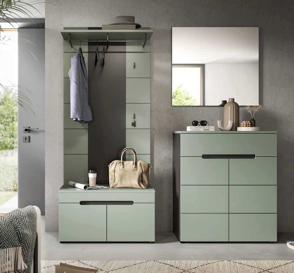 GARDEROBE-SET Salbei und Grau, Garderobe 4-teilig, 175 x 190 cm, Soft-Close, Cooper - Salbeigrün/Dunkelgrau, Holzwerkstoff/Kunststoff (175/190/37cm) - Inn.Furn