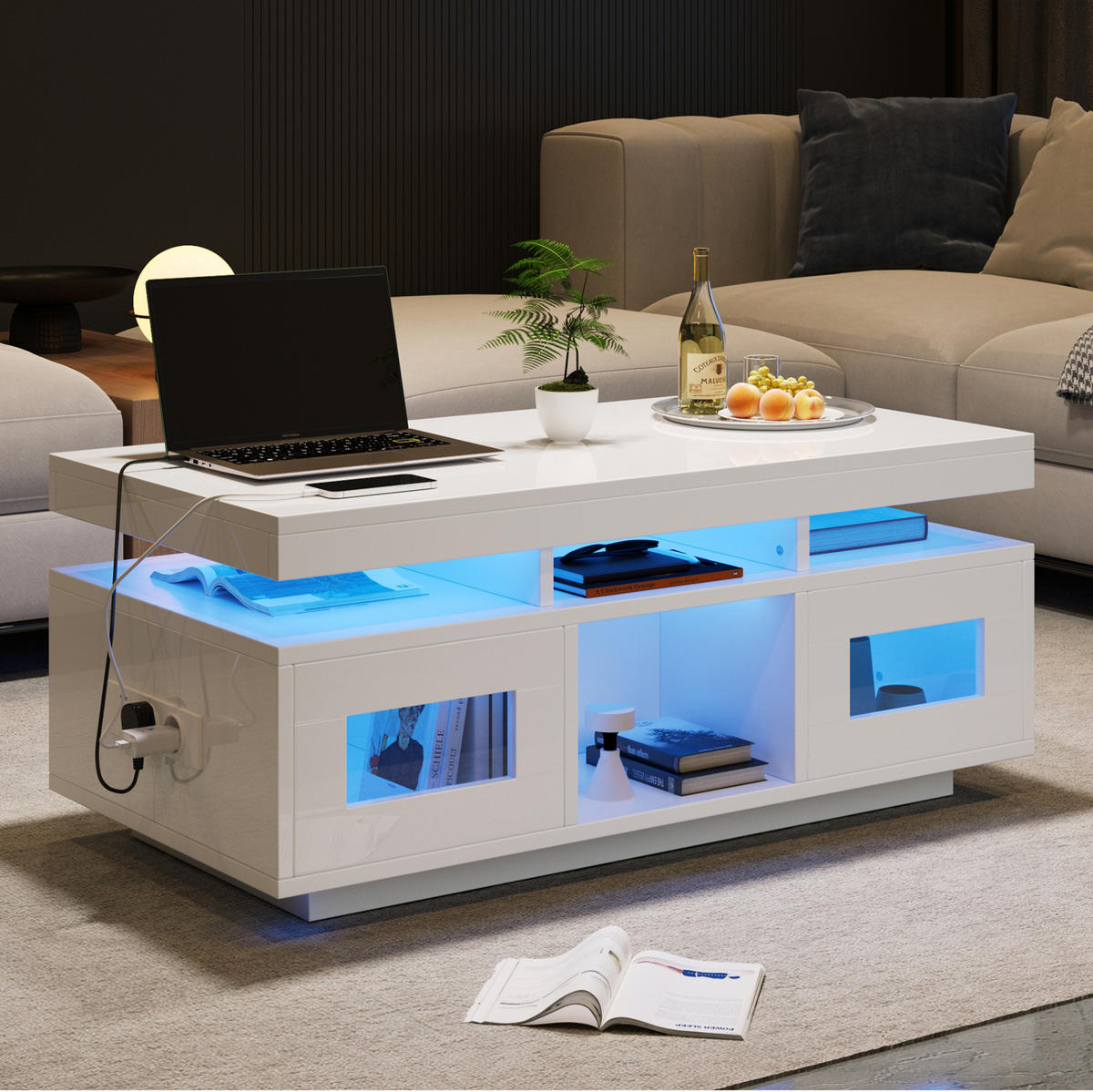 COUCHTISCH 100/50/43 cm in Weiß Hochglanz mit LED-Beleuchtung und Steckdose - Weiß, Holzwerkstoff (100/50/43cm) - Flora Grace