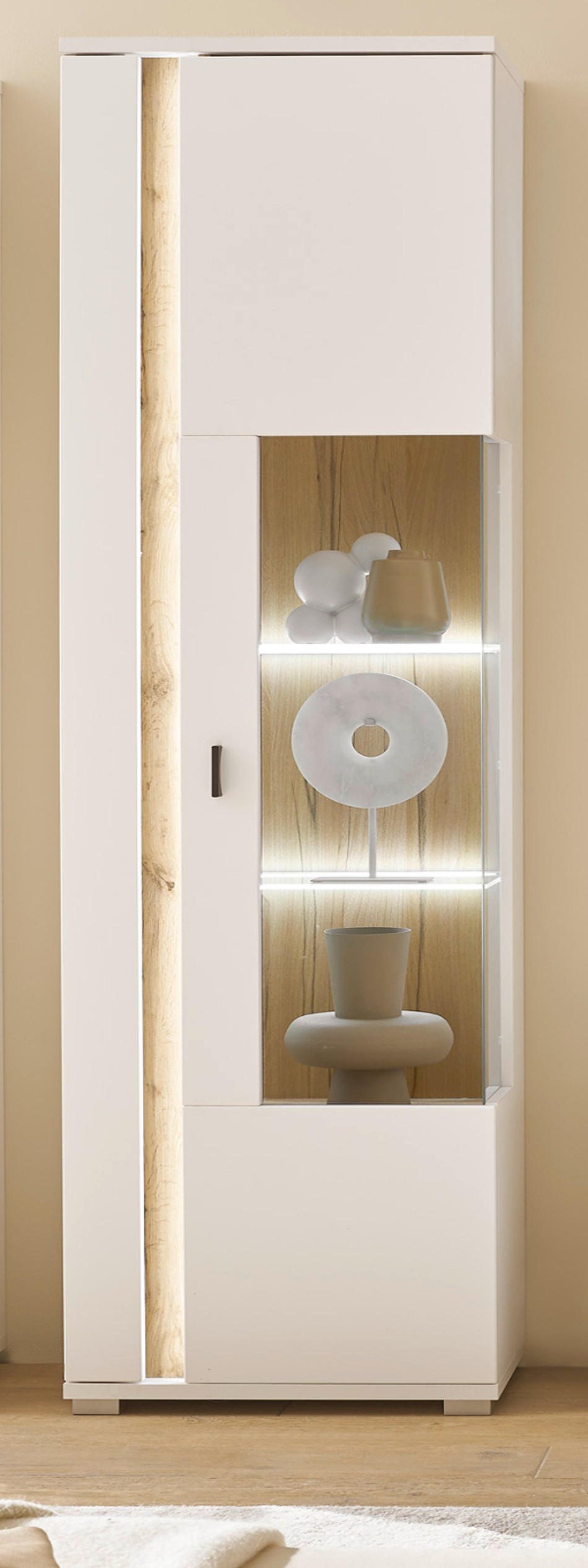 VITRINE weiß matt, Eiche Wotan 55 x 200 cm, Vitrinenschrank inklusive Frontbeleuchtung - Silberfarben/Eiche Wotan, Glas/Holzwerkstoff (55/200/35cm) - Furn.Design