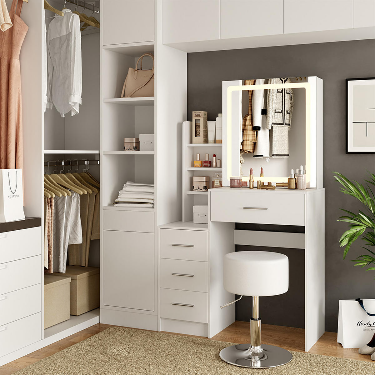 SCHMINKTISCH Lisca Weiß 80 cm mit LED-Spiegel und Hocker - Weiß, Holzwerkstoff (80/131.6/36cm) - Vicco