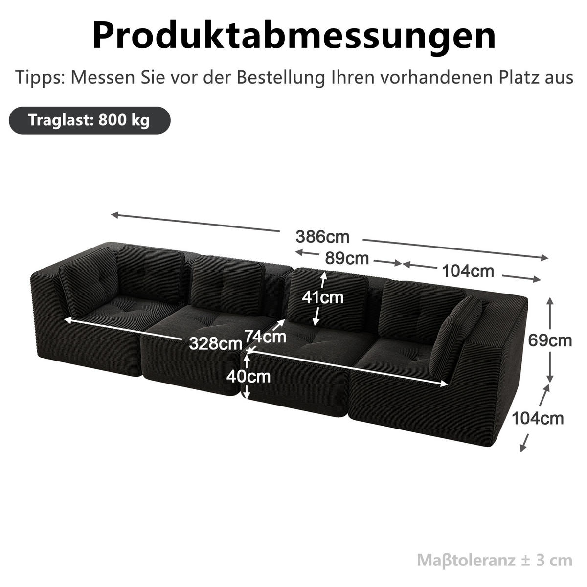 SOFA 386/104/69 cm in Schwarz, modular mit Cordbezug - Schwarz, Textil (104/69/386cm) - Flora Grace