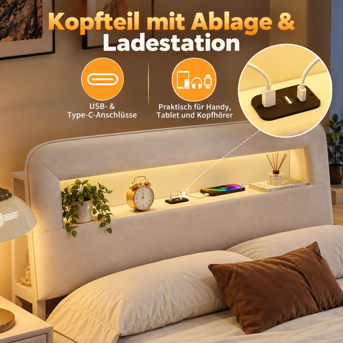 POLSTERBETT 140/200 cm mit Ablagekopfteil, LED-Beleuchtung, USB-Anschluss, Seitenablagen und zwei Unterbettschubladen - Beige, Holz/Metall (140/200cm) - Joyfair