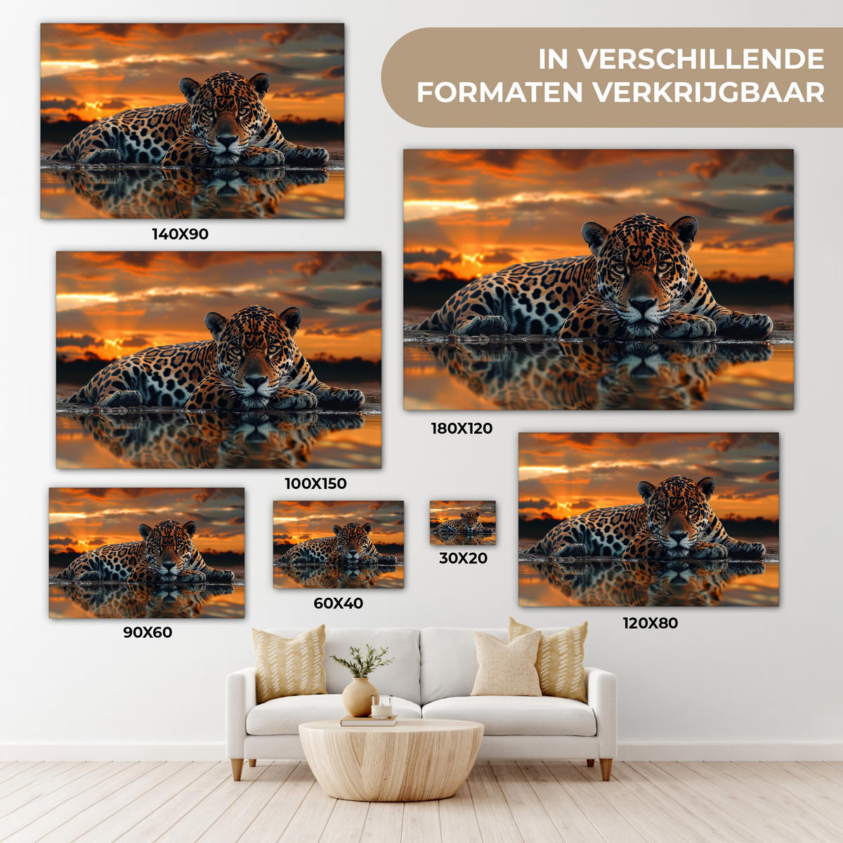 LEINWANDBILD Natur - Leopard - Tier - Sonnenuntergang - Modern Groß 140x90 cm - Orange, Textil (140/90cm) - MuchoWow