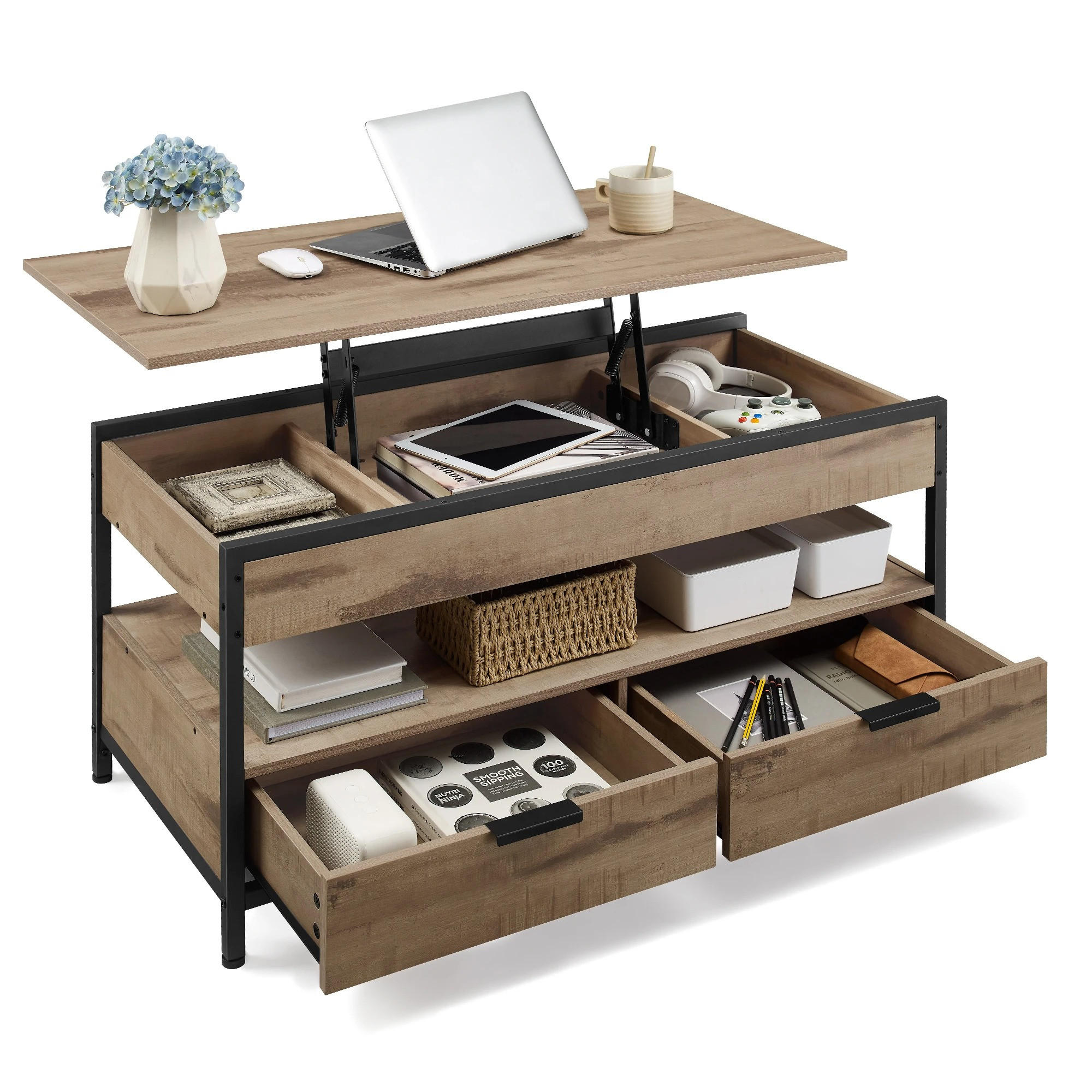 COUCHTISCH, Hellbraun, höhenverstellbar, mit Schubladen - Hellbraun, Holzwerkstoff (50/100/63cm) - Kaket