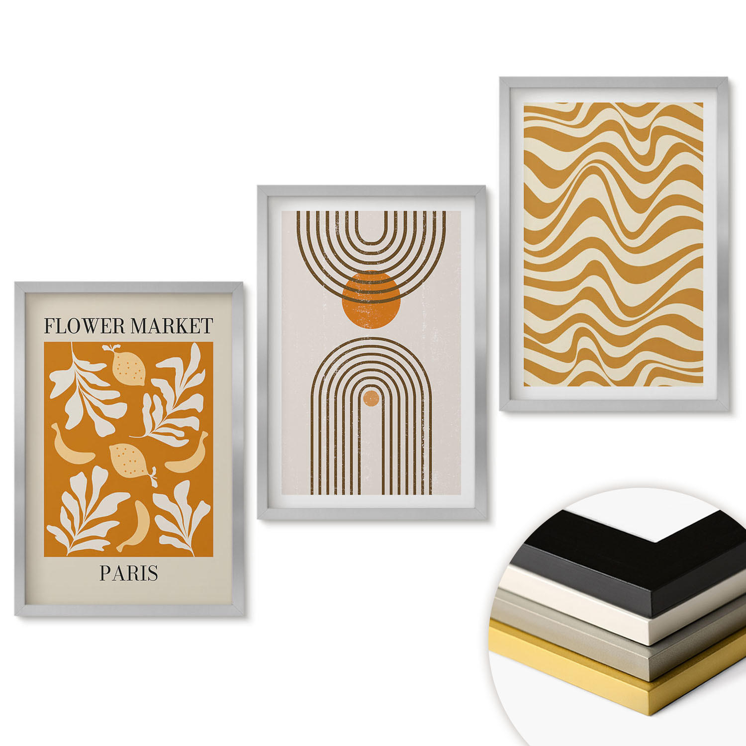 WANDBILDER 3er Set - 40x60 cm Silberner Rahmen - Poster mit geometrischen Pflanzenmustern - Silberfarben, Kunststoff (40/60cm) - ArtPrintCave
