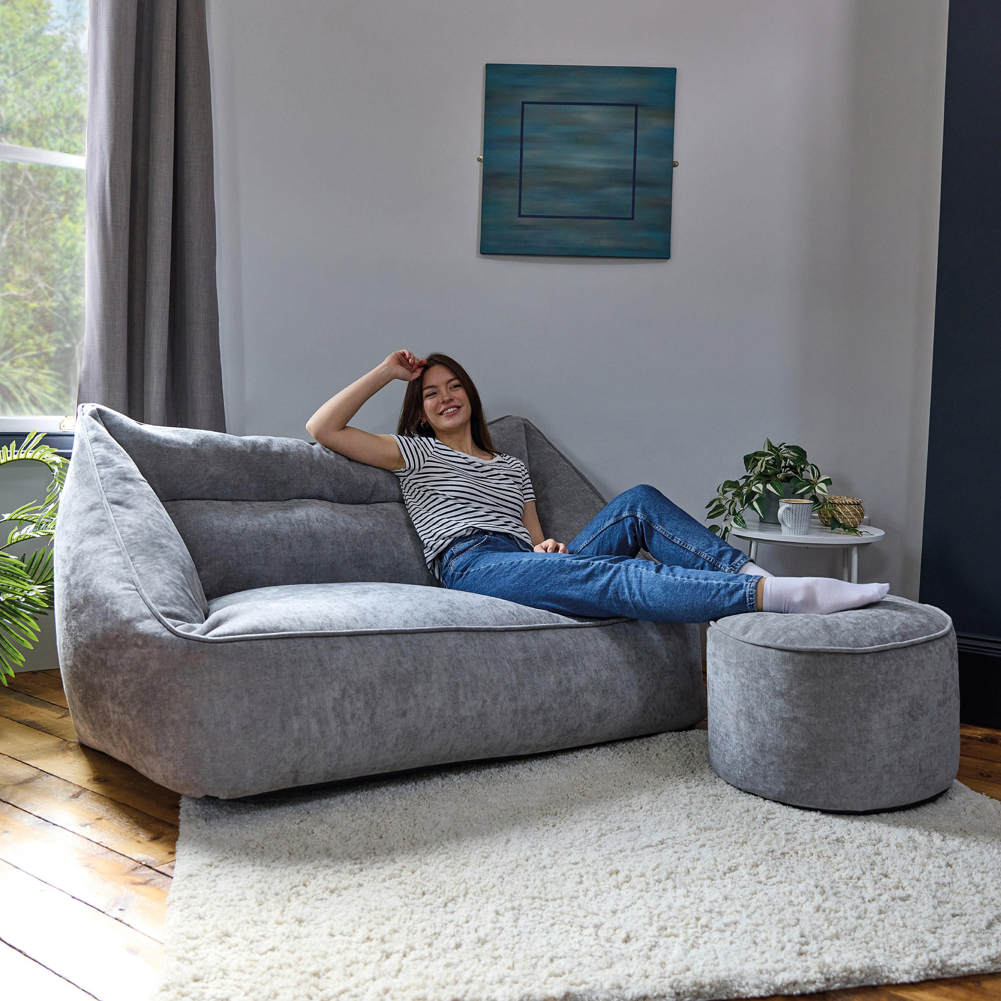 SITZSACK Chenille-Sofa icon Cecilia und Fußhocker-Sitzsack Milano im 2-teiligen Set, grau - Grau, Kunststoff/Textil (160/70/93cm) - icon