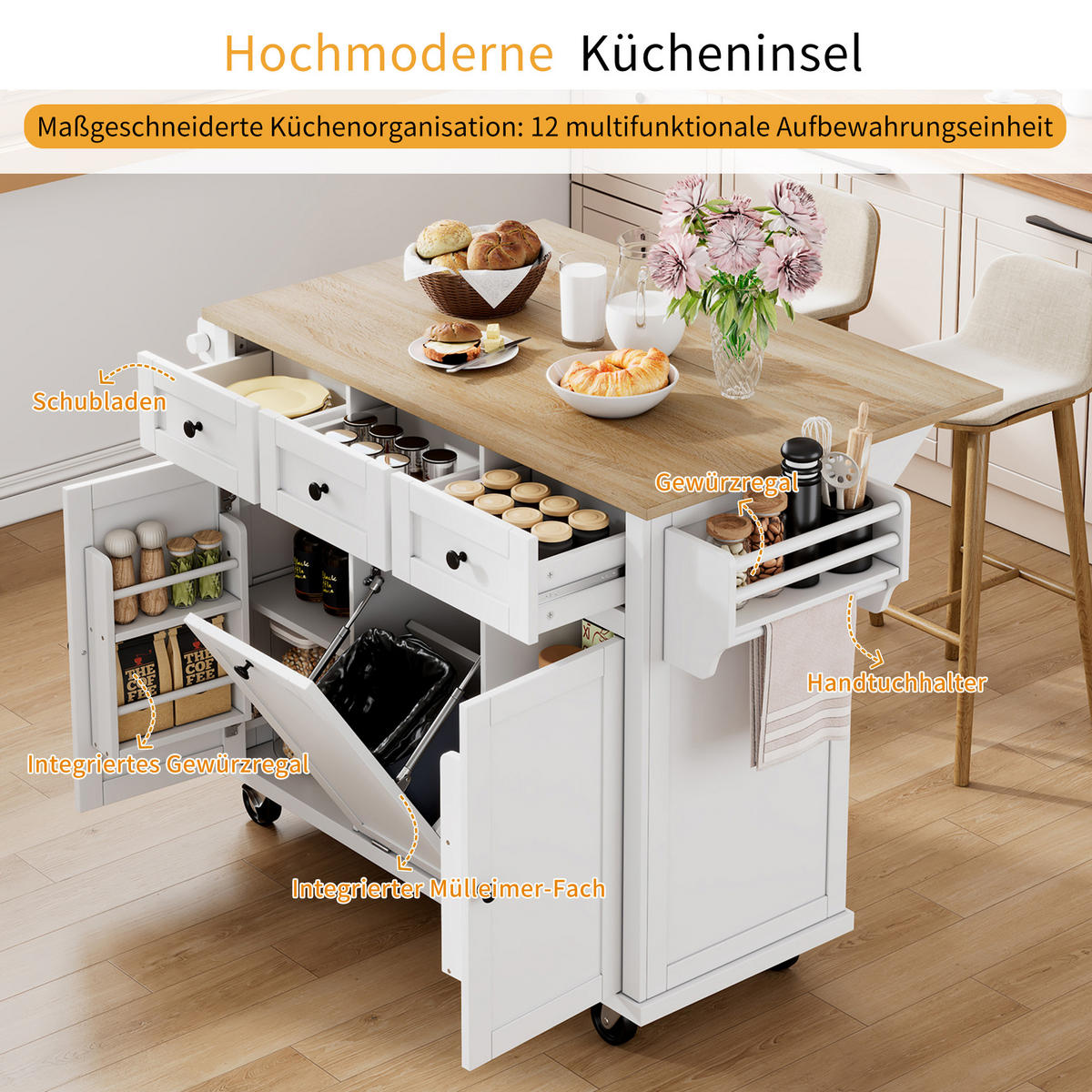 KÜCHENINSEL 112/46,2-76,2/92,7 cm Weiß mit Ausziehbarer Arbeitsplatte, Mülleimerfach und 2 Schubladen - Weiß, Holz/Holzwerkstoff (131.2/92.7/46.2cm) - Oxeza