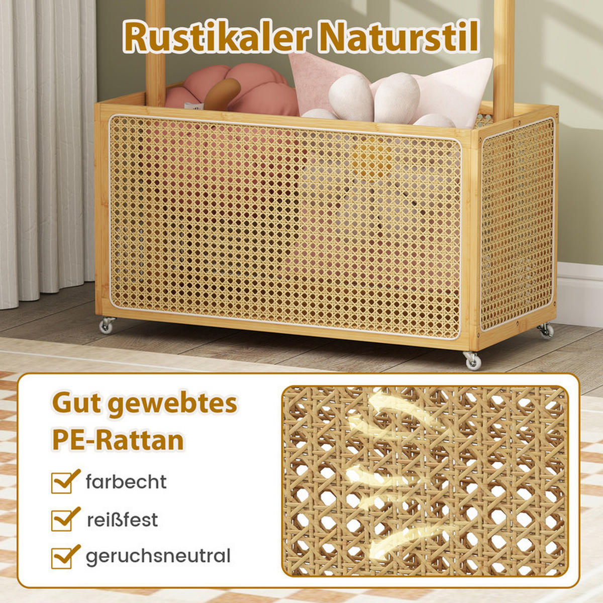GARDEROBENSTÄNDER mit PE-Rattan-Aufbewahrungskorb natur - Naturfarben, Naturmaterialen (100/172/32.5cm) - COSTWAY