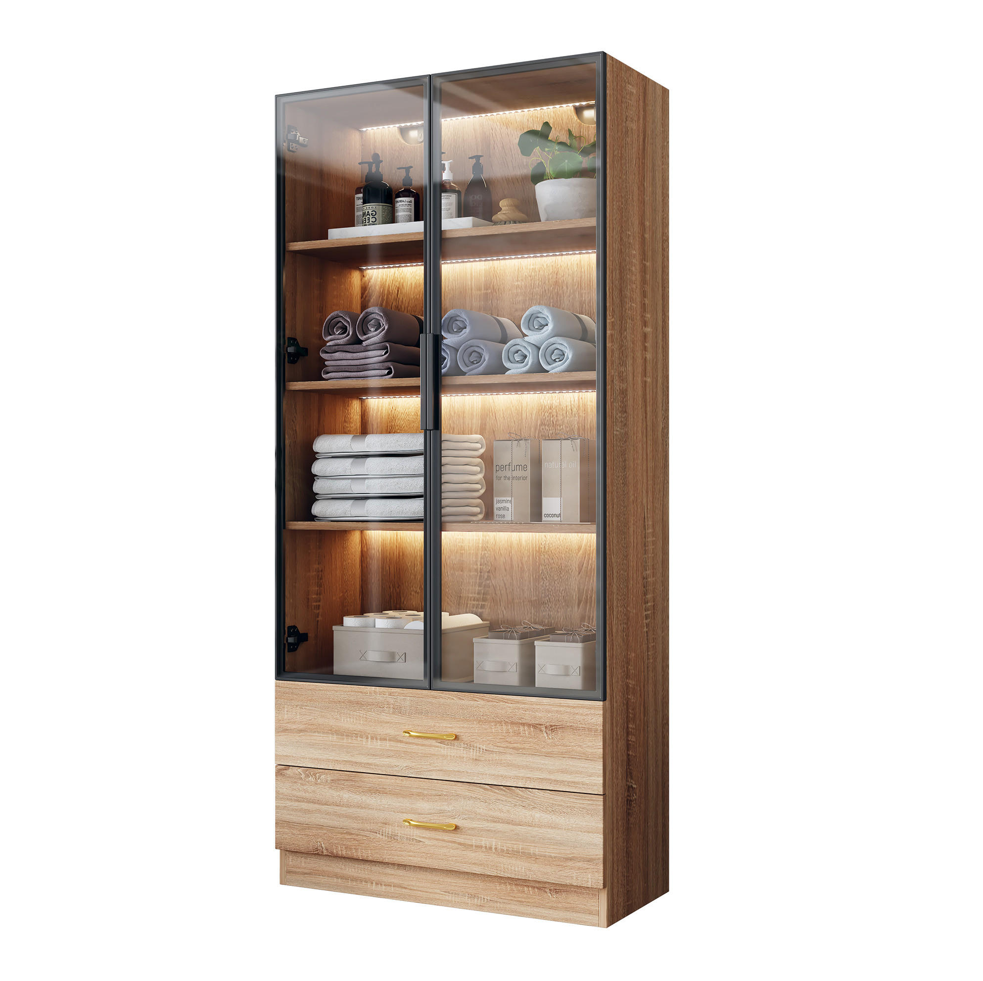 VITRINE 75 cm aus MDF mit Lichtleiste und Glastür Braun - Braun, Holzwerkstoff (75/170/34.5cm) - Modenvie