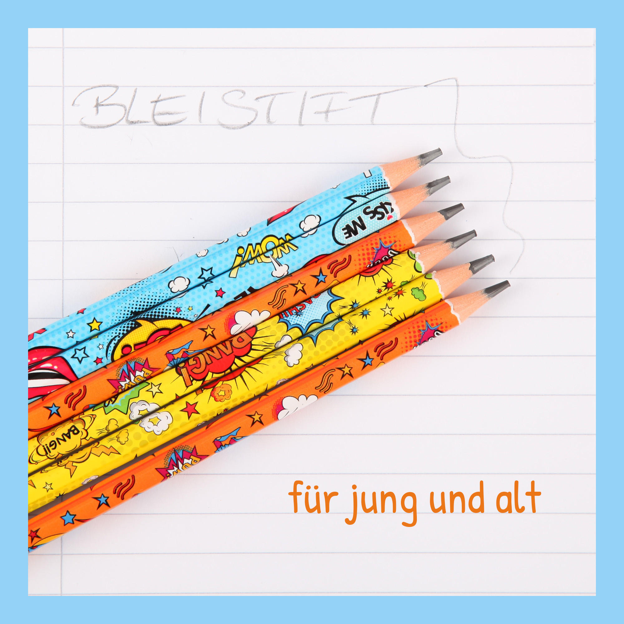 BLEISTIFT 3 x 6er Set Zeichenstifte aus Holz für Kinder und Erwachsende, Comic Design - Vorgespitzte Holzstifte mit Radiergummi zum Malen, Zeichnen - Gelb/Multicolor, Naturmaterialien (9/19cm) - Bestlivings