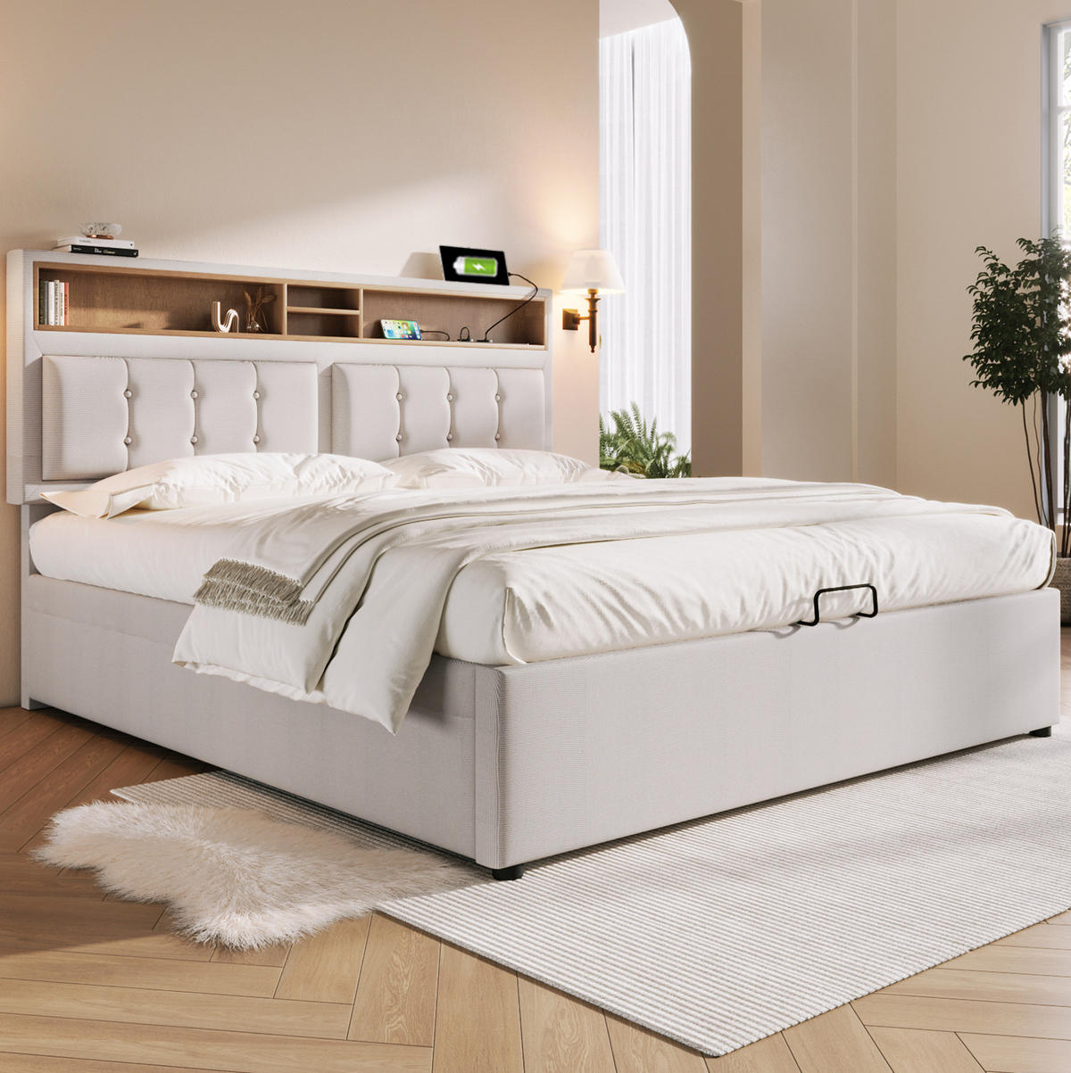 POLNJENA postelja iz lanu 140x200 cm bež z nastavljivim vzglavjem, USB/Type-C priključki in shranjevalnim prostorom - bež, tekstil (140/200cm) - Modfu