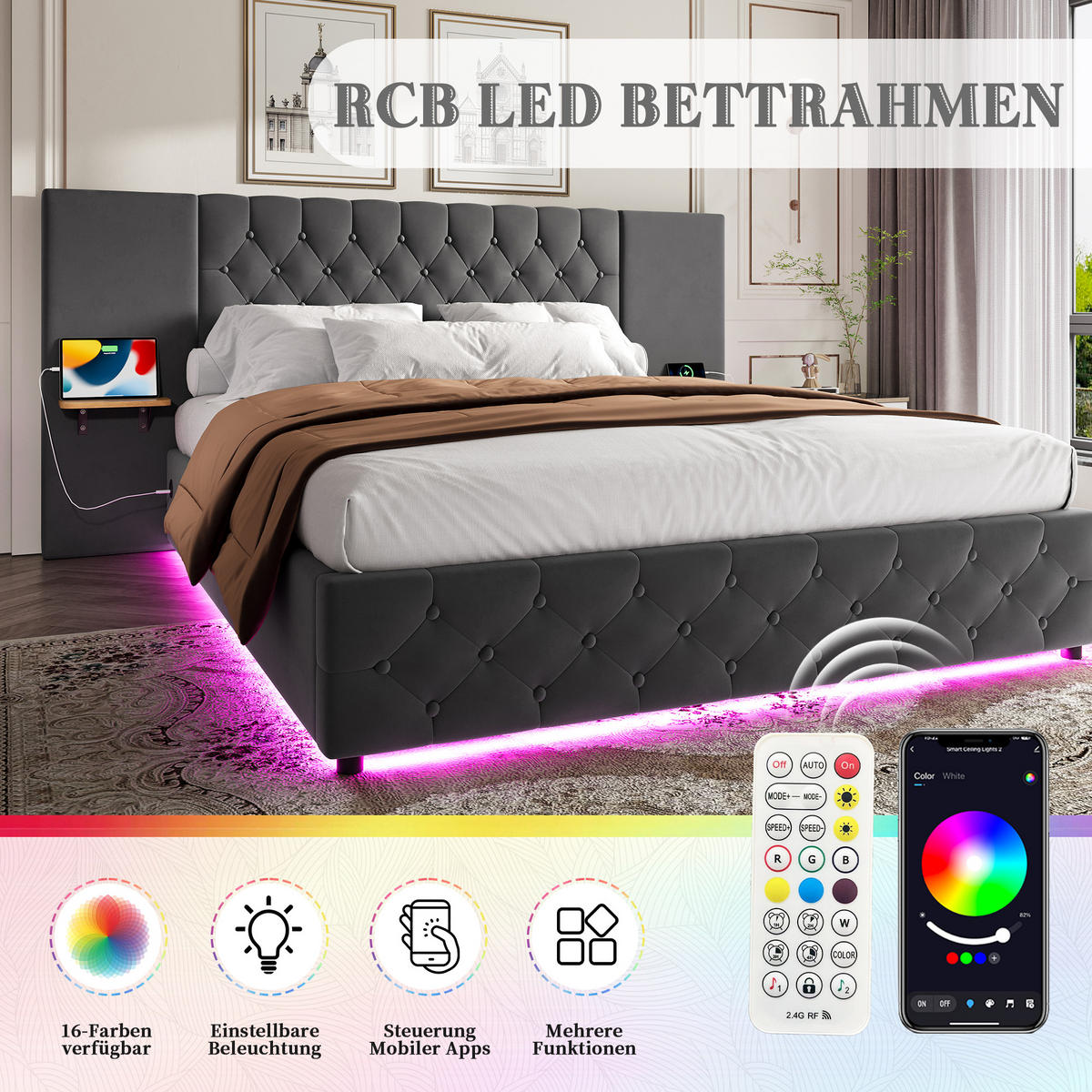 POLSTERBETT aus Samt 140x200 cm in Grau mit LED & USB & Stauraum - Grau, Textil (140/200cm) - Modfu