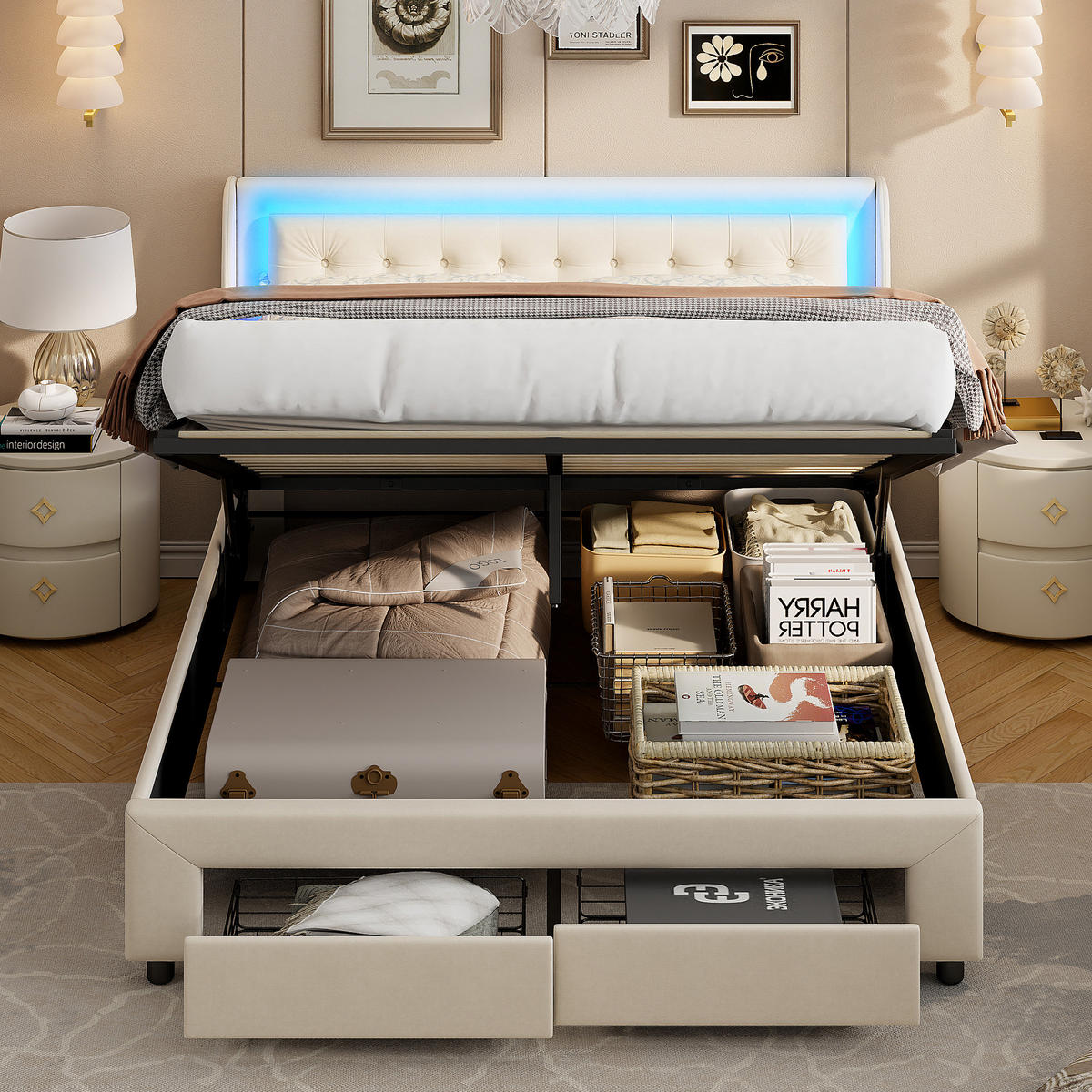 POLSTERBETT mit Stauraum, 140 x 190 cm, mit LED-Beleuchtung, 2 Schubladen, Samt/Beige - Beige, Holzwerkstoff/Textil - WoodenAura