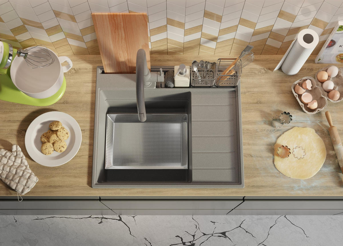 SPÜLBECKEN Sydney Pocket, 2-er set Grau 62/53 cm 1 Becken + Ablauf-Set + Küchenzubehörset ab 45er Unterschrank - Chromfarben/Beige, Kunststoff (62/20/53cm) - Primagran