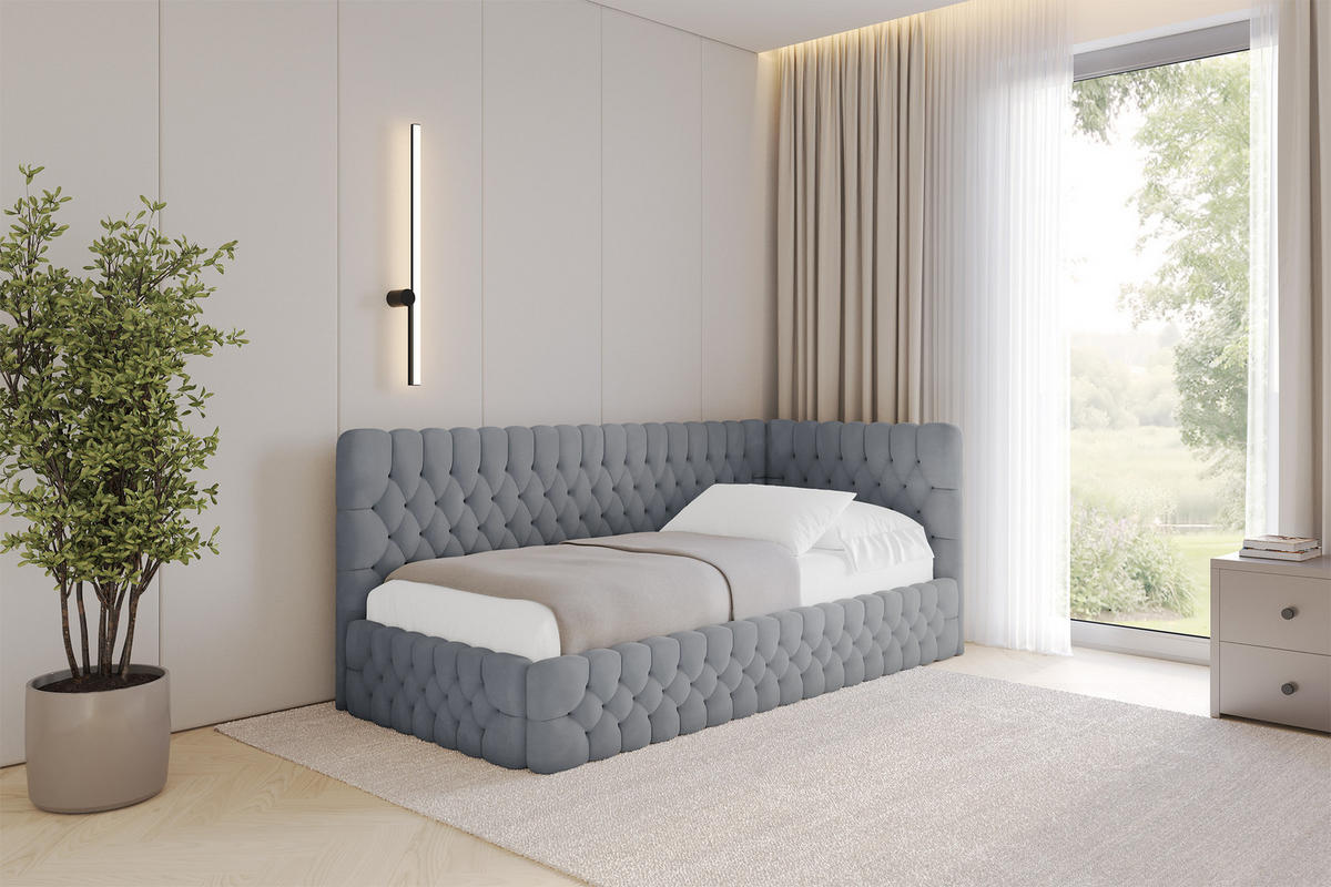 EINZELLBETT Jugendbett mit Bettkasten und Matratze H3/H4, Links - MULY 80x200 Grau - Grau, Holzwerkstoff/Textil (80/200cm) - ALTDECOR