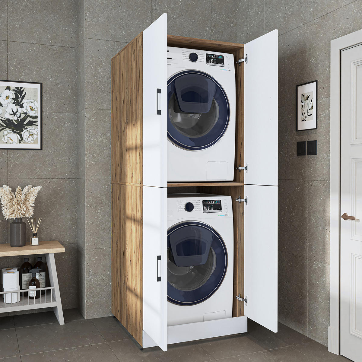 WASCHMASCHINENSCHRANK DORA-II 70cm Breit - Eiche Bianco, Holzwerkstoff (70/186/74cm)