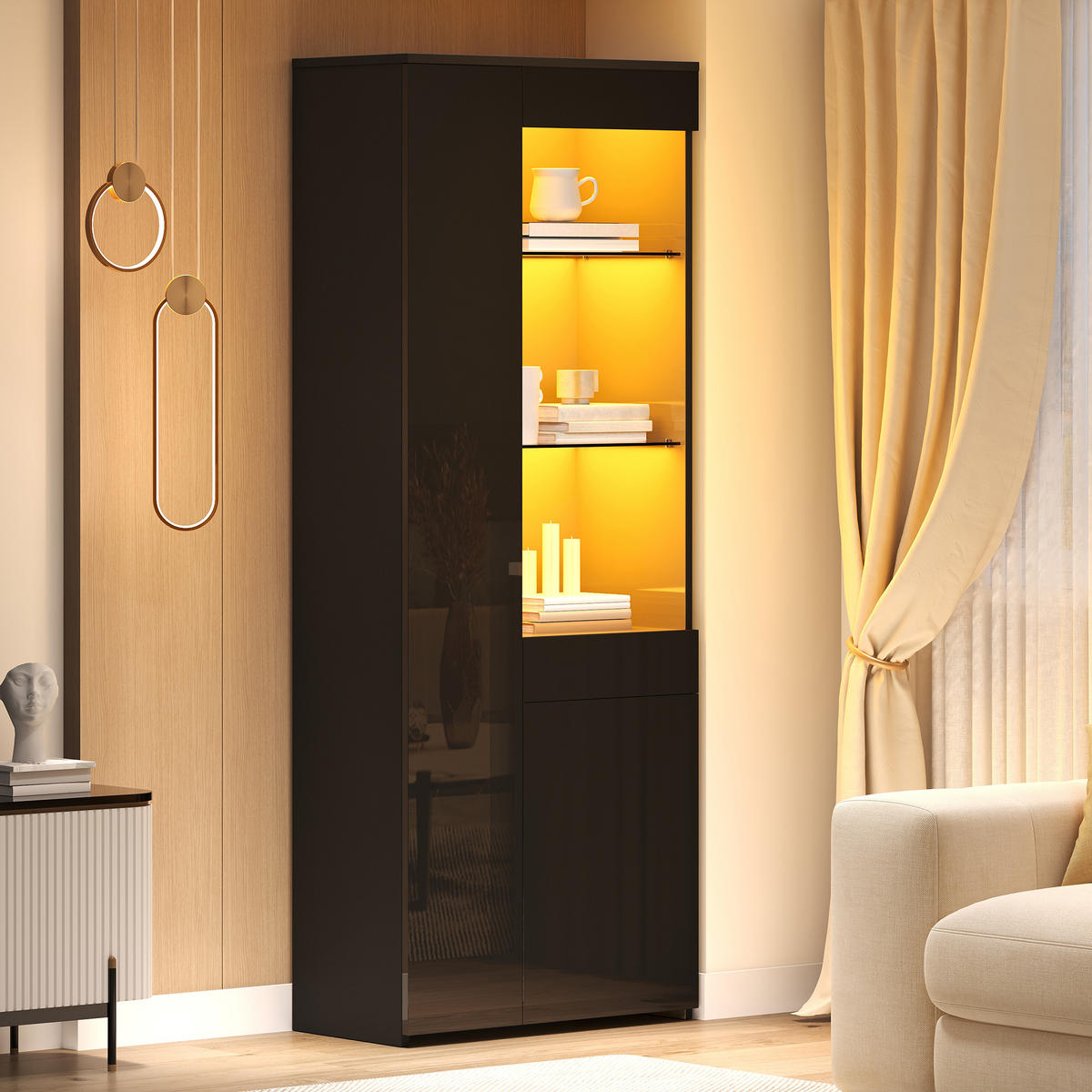 VITRINE 70x35x180 cm Schwarz mit LED und Schubladen - Schwarz, Holzwerkstoff (70/180/35cm) - FLIEKS