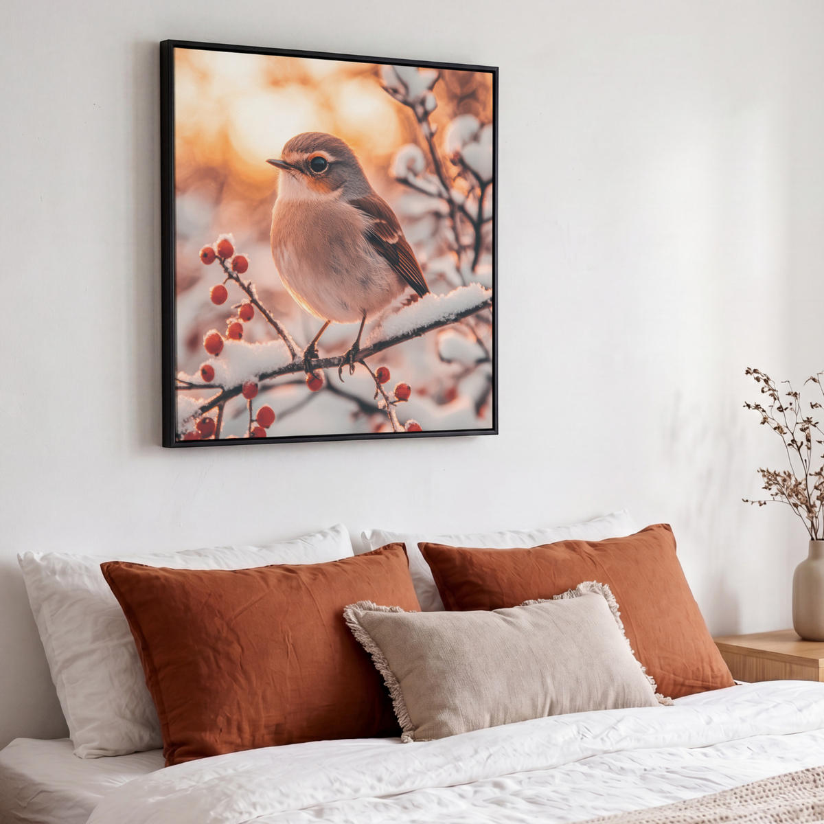 LEINWAND Bilder mit Rahmen - Vogel - Zweig - Winter - Tiere - Schnee - 50x50 - Bernsteinfarben, Textil (50/50cm) - MuchoWow