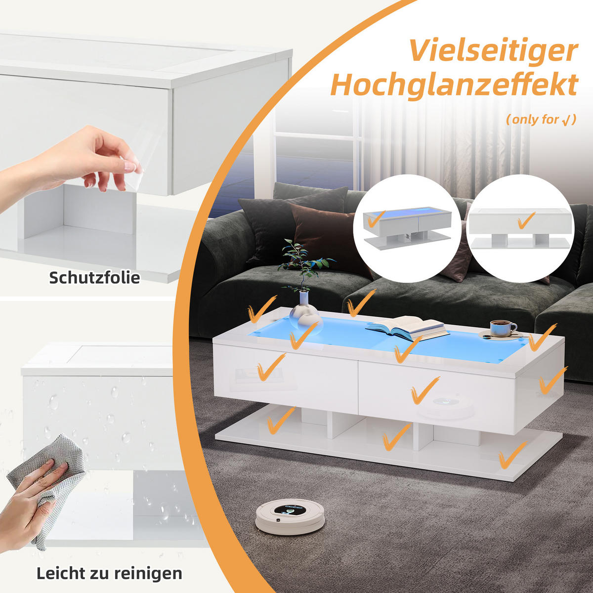 COUCHTISCH 100/50/35 cm Weiß aus Holzwerkstoff mit LED-Lichtleiste und Glasplatte - Weiß, Holzwerkstoff (100/50/35cm) - OKWISH