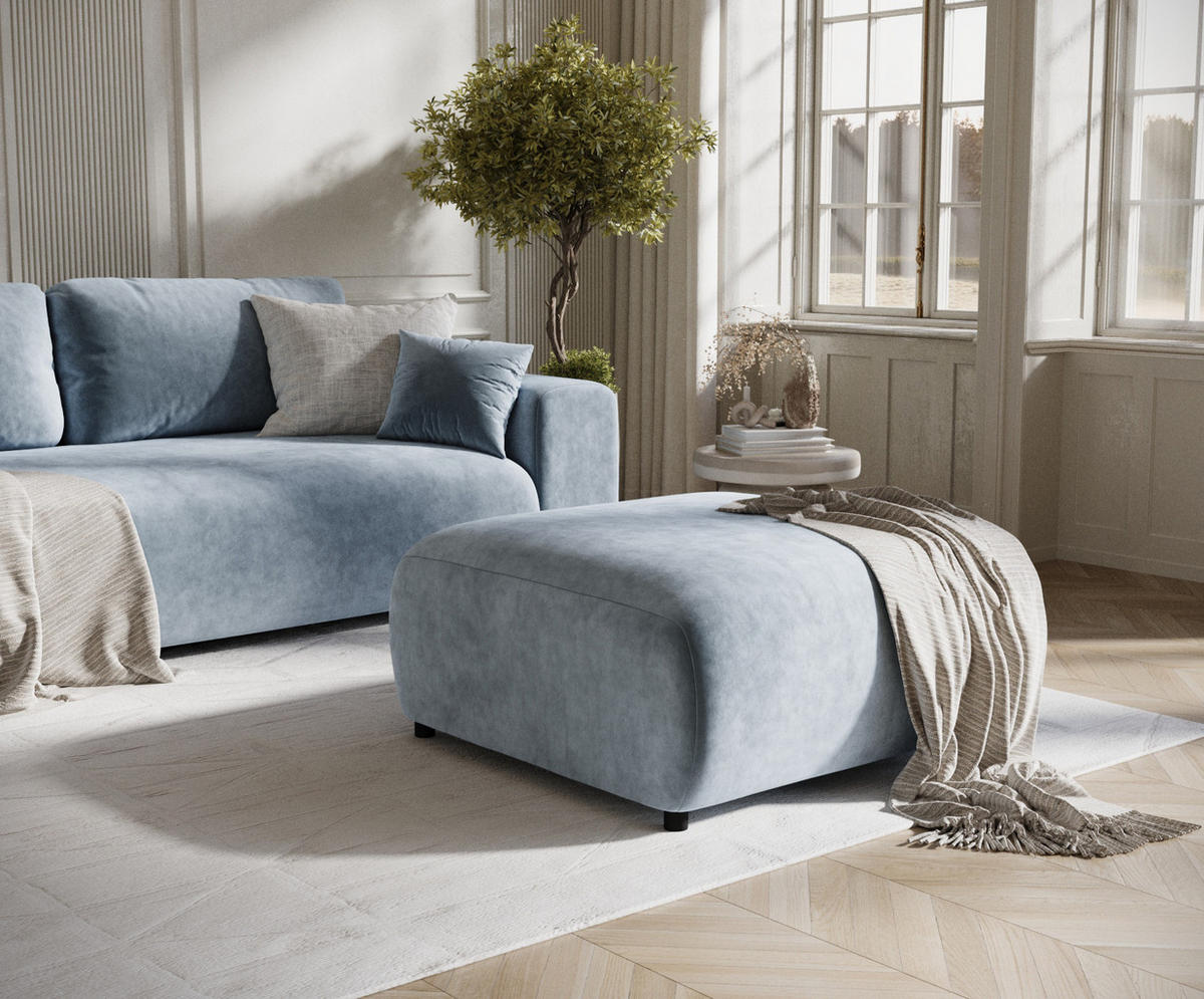 POUF S Zanzibar Blau Grau Samtstoff - Blaugrau/Schwarz, Holz/Holzwerkstoff (88/37/88cm) - Maison de Reve