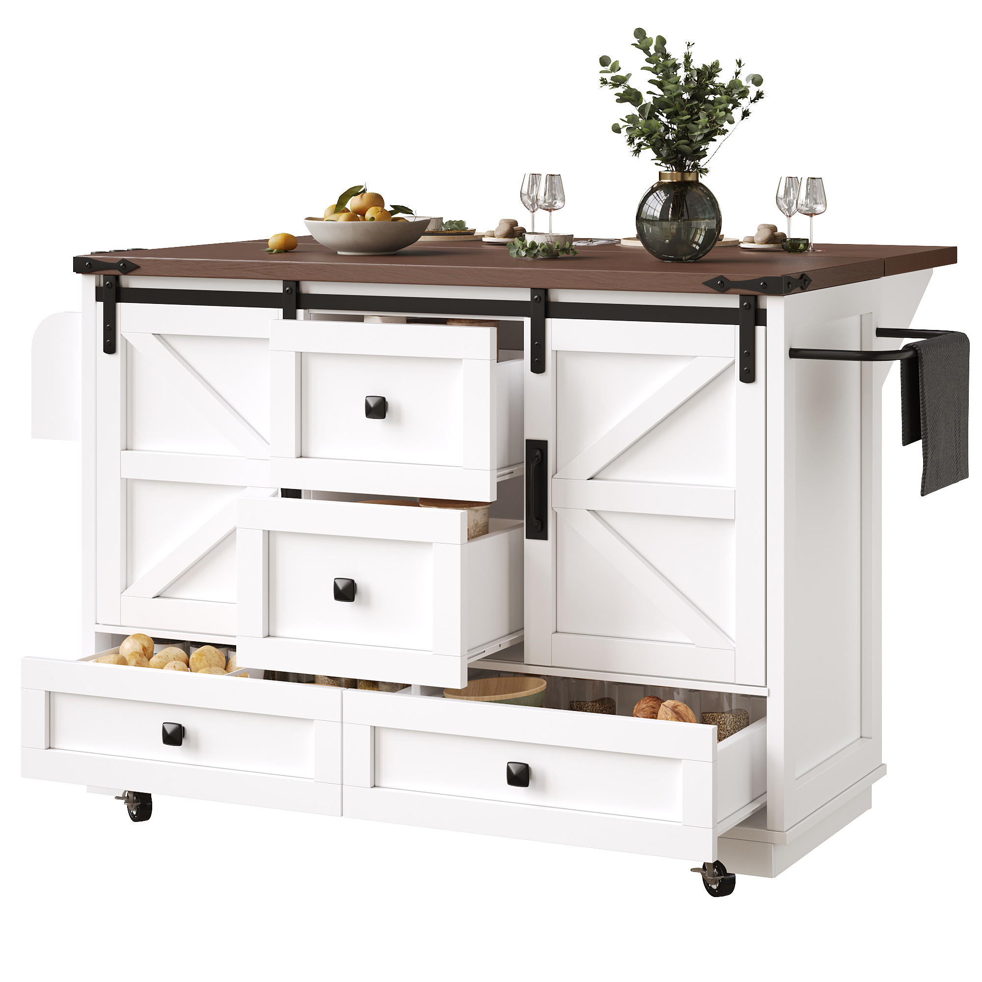 KÜCHENINSEL in Weiß Küchenwagen mit Klapptisch, 3 Schubladen und 2 Türen, als Bar und Sideboard mit Stauraum, B142.5/T73/H92.5cm - Weiß, Holzwerkstoff/Metall (142.5/92.5/45cm) - STILVORA