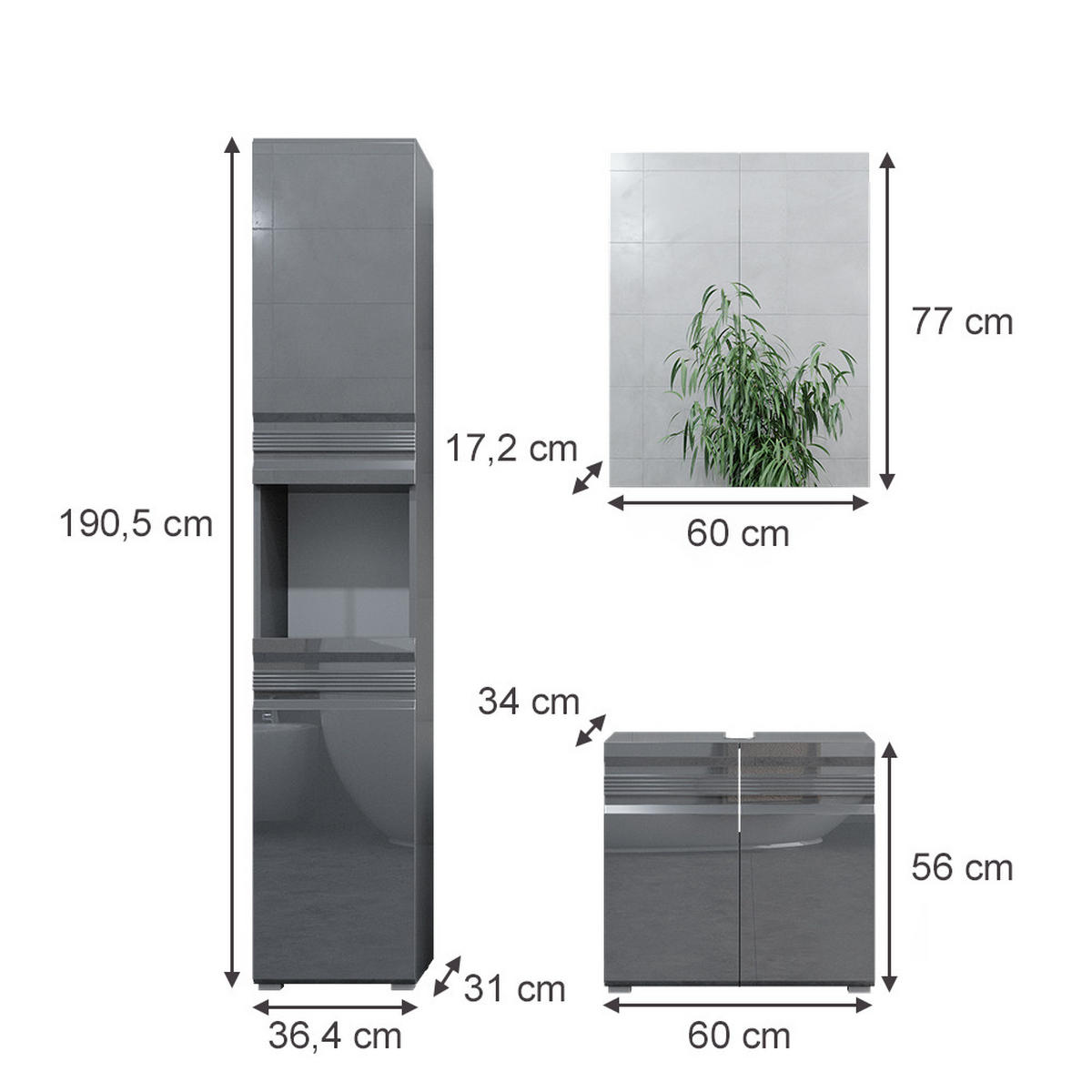 BADMÖBEL-SET Fredd Anthrazit Hochglanz 3 Teile, mit Hochschrank - Anthrazit, Holzwerkstoff (56/60/34cm) - Vicco