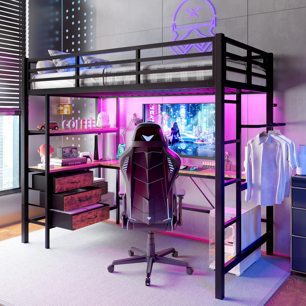 HOCHBETT 90x200cm Schwarz LED-Licht Schreibtisch Steckdose USB 3 Schubladen - Schwarz, Metall (90/200cm) - FLIEKS